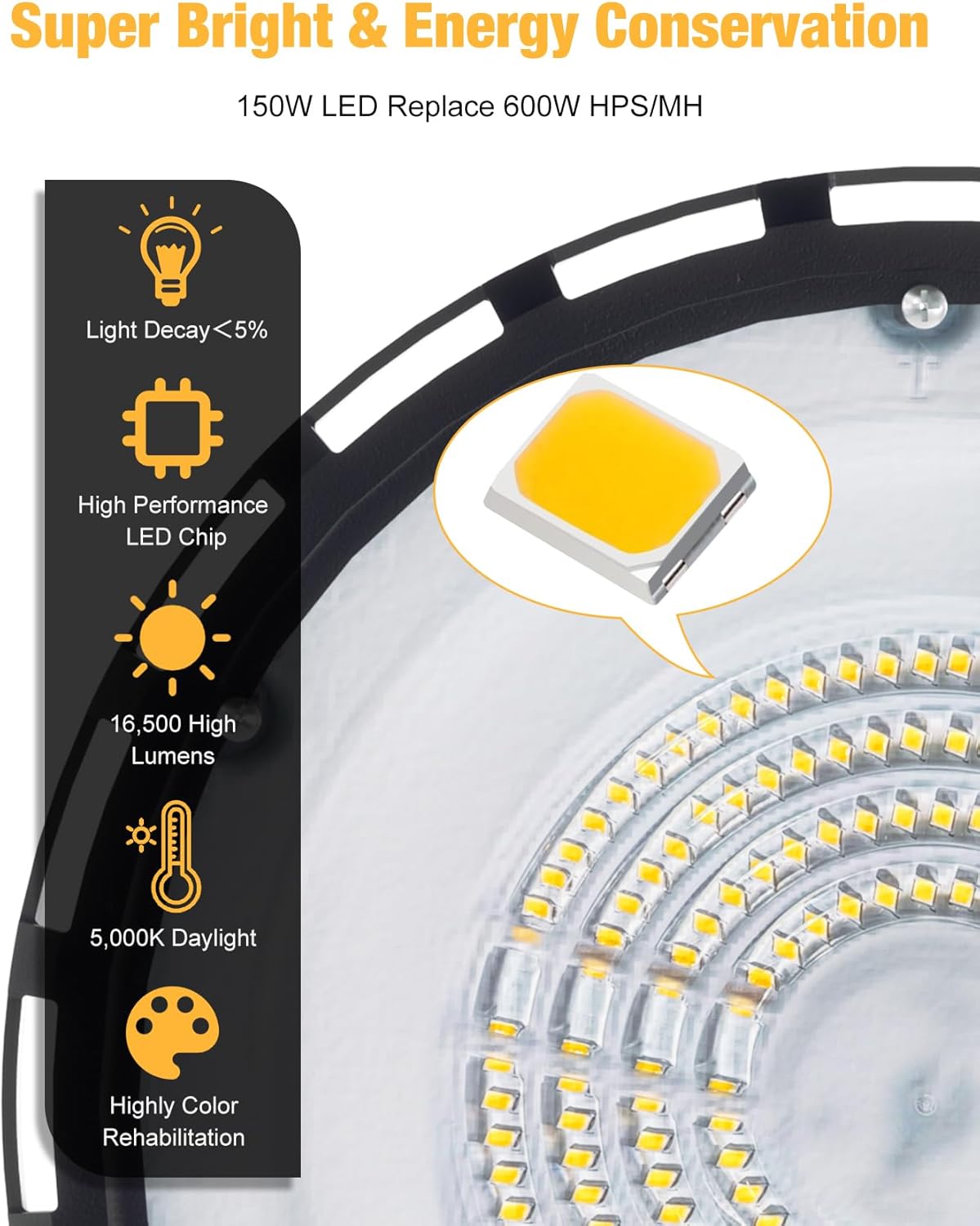 UFO LED High Bay Light 150W 1Pack, High Bay LED Shop Lights 5000K 16,500Lm with US Plug, Hanging Hook, Safe Rope, Waterproof Commercial Bay Lighting for Warehouse Factory Barn Shop - UL Listed