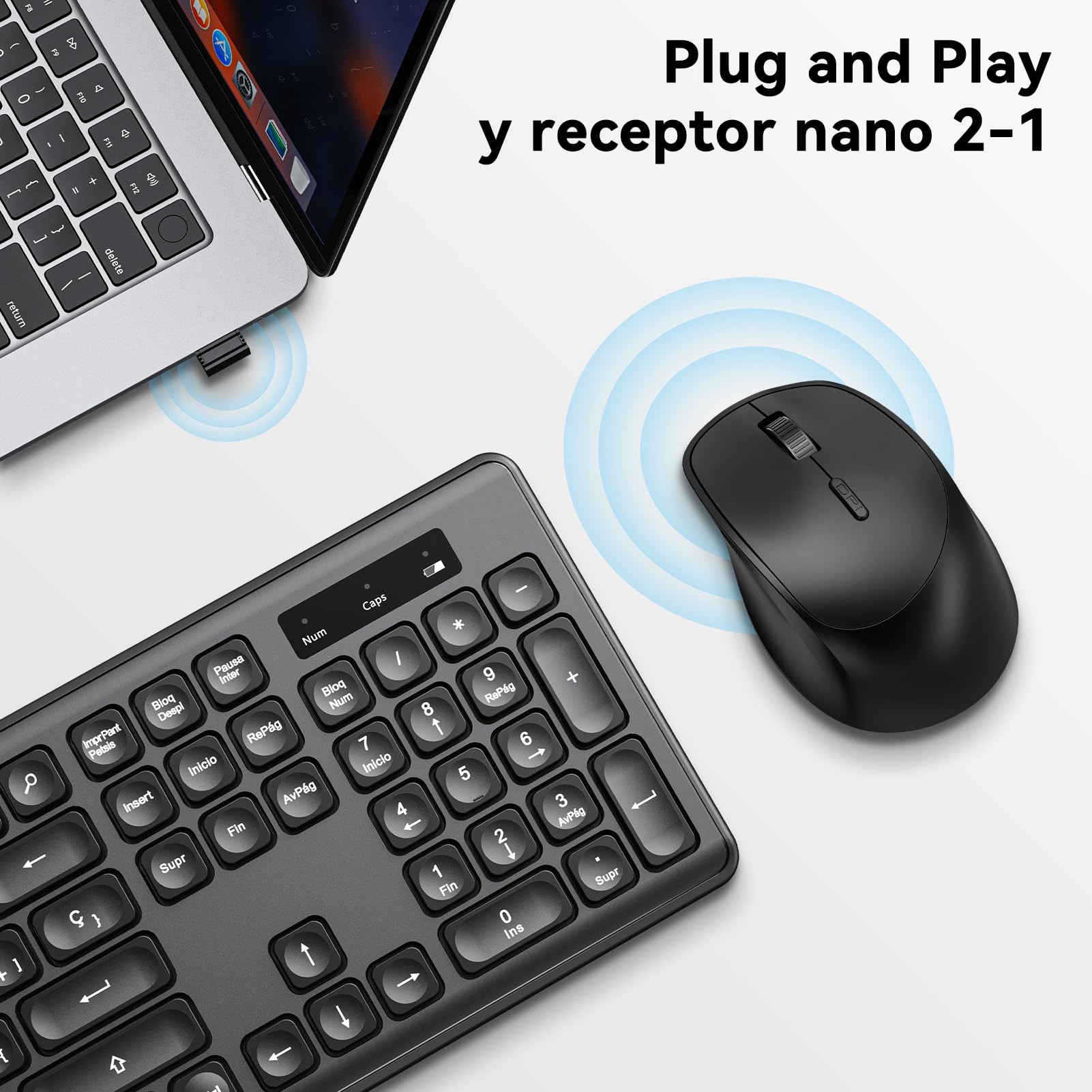 PINKCAT Teclado y Raton Inalámbrico,Botones Silenciosos, Español QWERTY,Tamaño Completo con Teclado Numérico,Ratón y Teclado Inalámbrico de 2.4 GHz per Windows,Mac,PC,Ordenador Portátil (Negro)