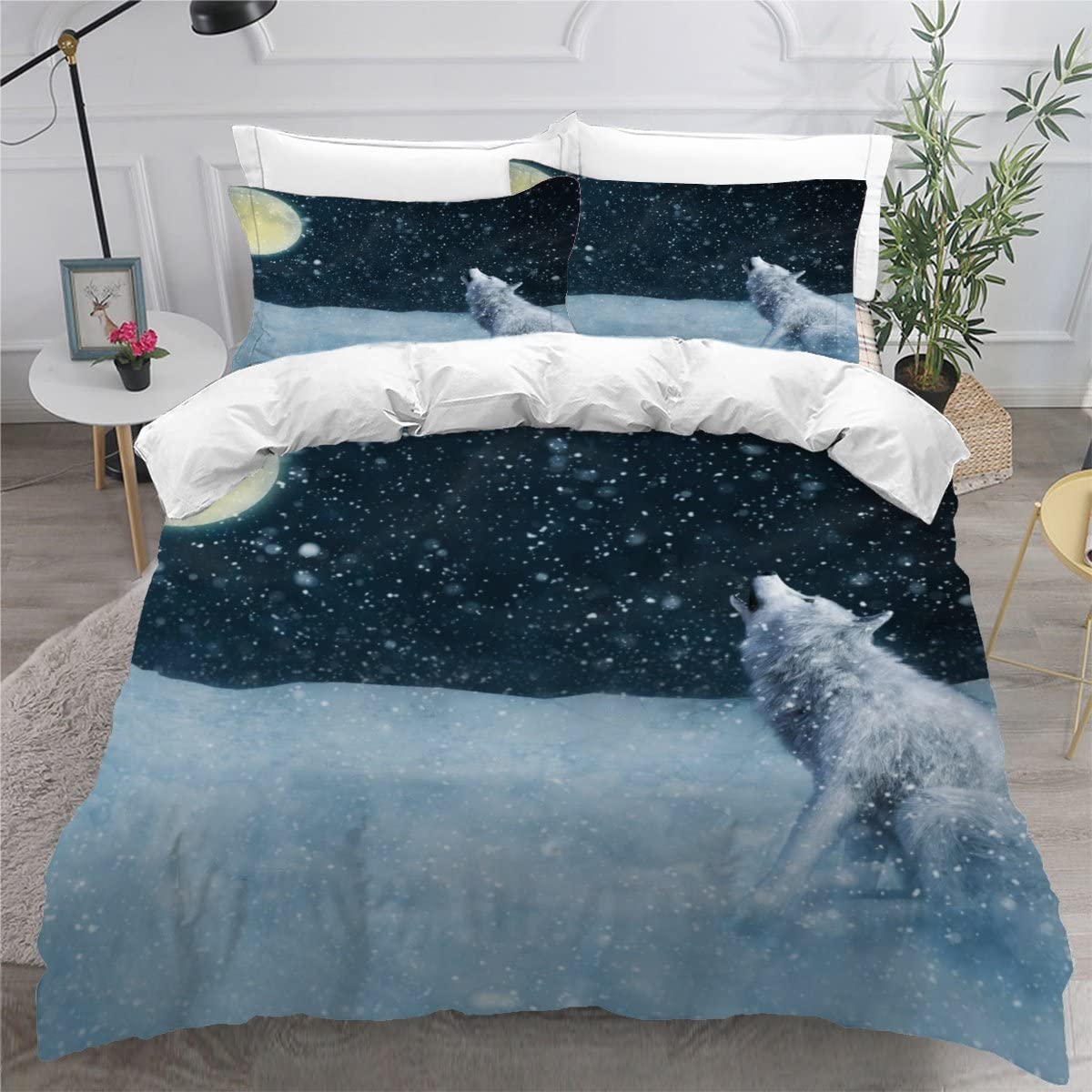 Housse de couette 140x200 loup avec taies d'oreiller 50x75 pour lit 1 personne enfant