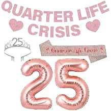 Rose Gold 25th Birthday Decorations for Women, Quarter Life Crisis Glitter Banner and Sash Crown Number 25 Balloons for Twenty Five Birthday Party Supplies