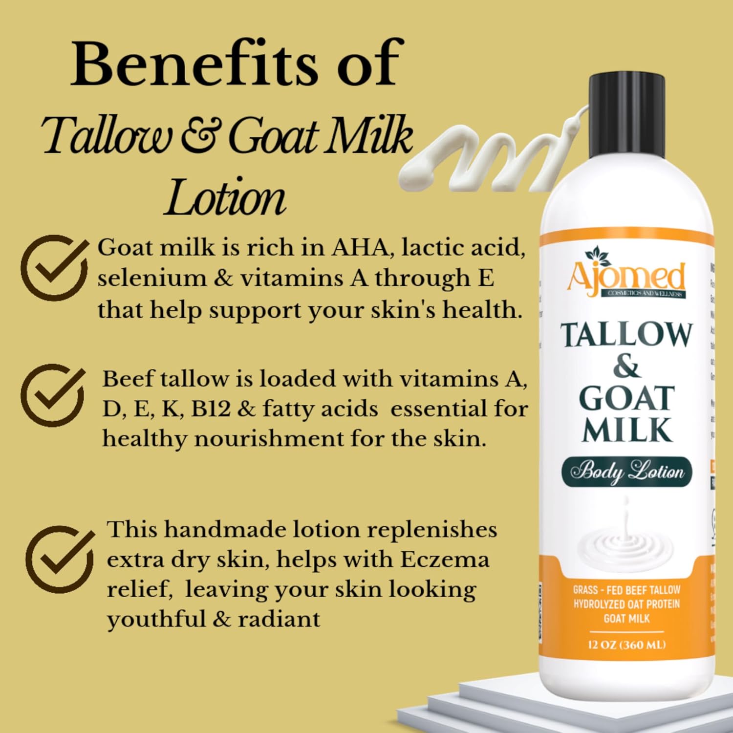 Tallow & Goat Milk Body Lotion for Sensitive Skin, Organic moisturizing Lotion - Soothes Dry skin, Goat Milk face and body Moisturizer - Handmade Tallow for skin cream (12 OZ, Oatmeal & Honey)
