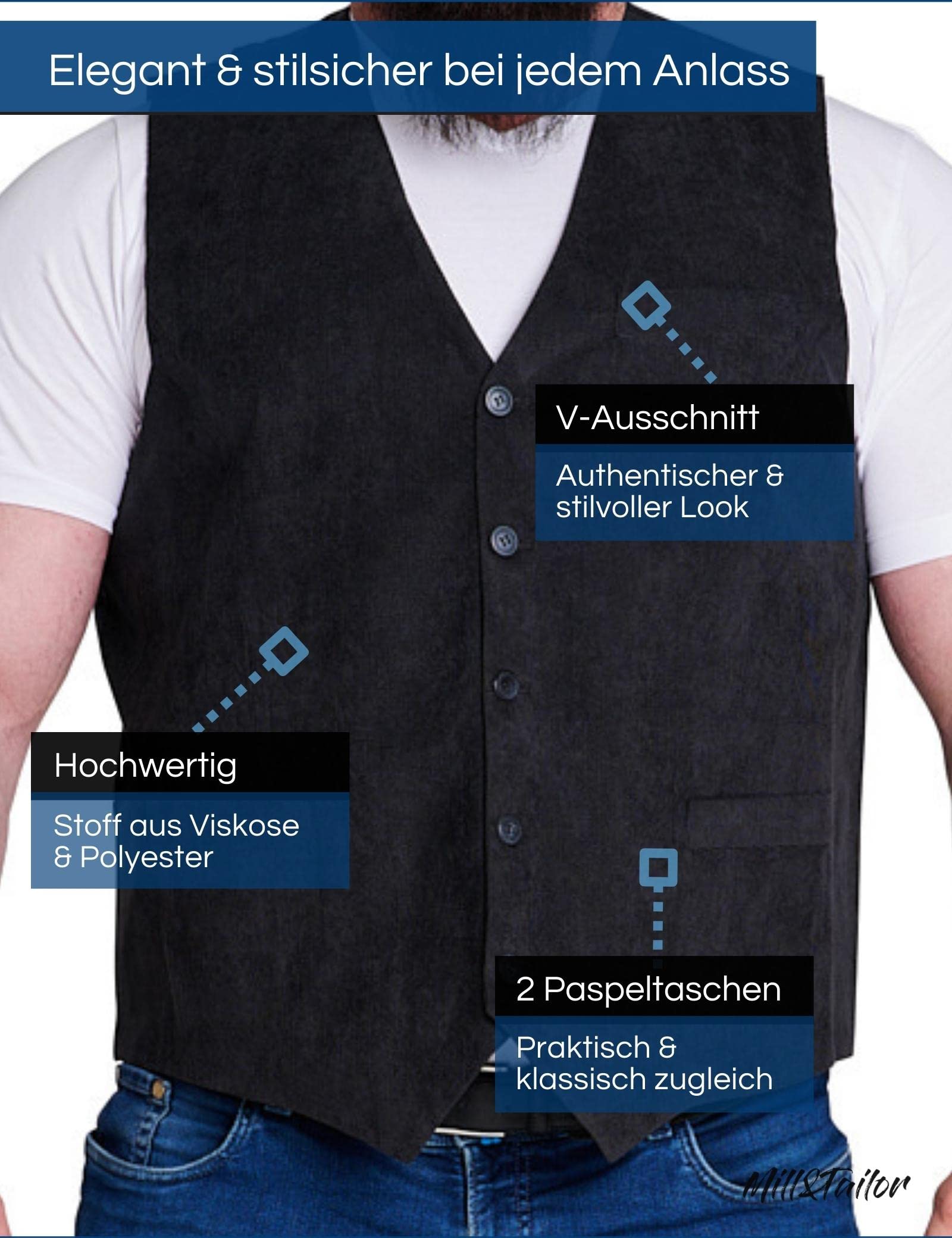 Mill&Tailor Weste Herren schwarz I Schicke Anzug-Weste I Modern & Sportlich I Bequeme Herren-Weste für Freizeit, Hochzeit & Business I edles Herren Anzug-Jackett aus Polyester