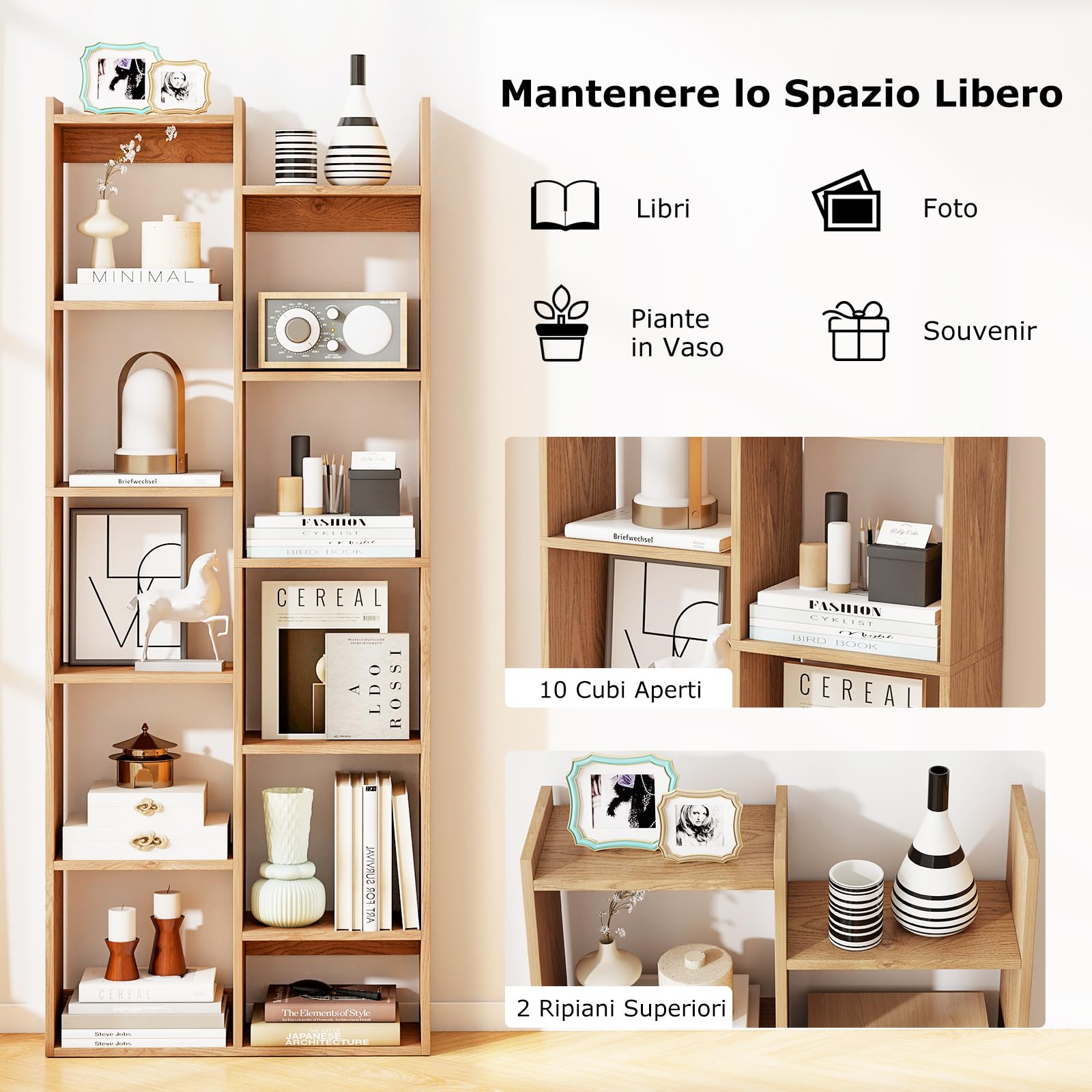 COSTWAY Scaffale in Legno per Libri, Libreria a 12 Ripiani con Kit Anti-Ribaltamento, Unità di Stoccaggio a Forma di Albero, Ideale per Casa Ufficio, 65 x 20 x 162 cm (Naturale)