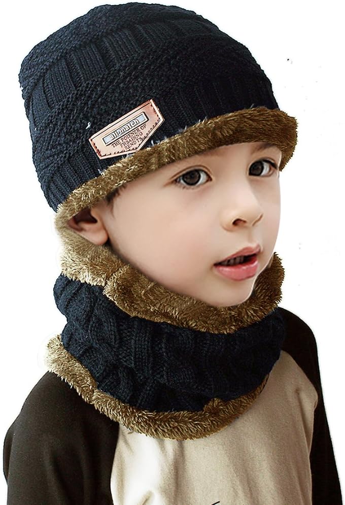 JUSTIME Child Knitted Hat and Circle Scarf Skiing Hat Outdoor Sports Hat Sets (Navy Blue)