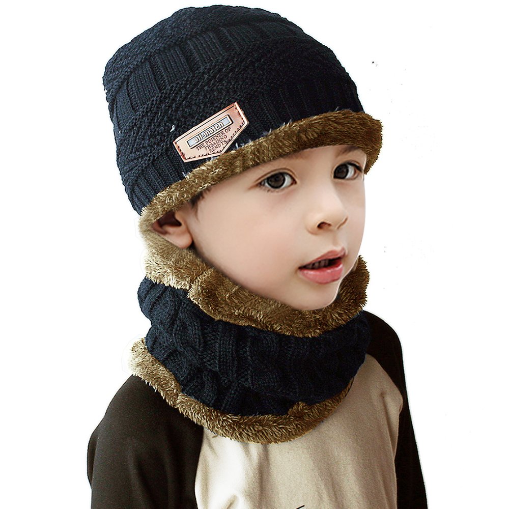 JUSTIME Child Knitted Hat and Circle Scarf Skiing Hat Outdoor Sports Hat Sets (Navy Blue)