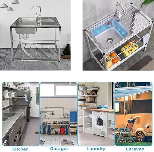 Miniatura 4 de AEHBDB Fregadero de cocina de restaurante comercial independiente con soporte de acero inoxidable resistente, kit de fregadero de un solo tazón con