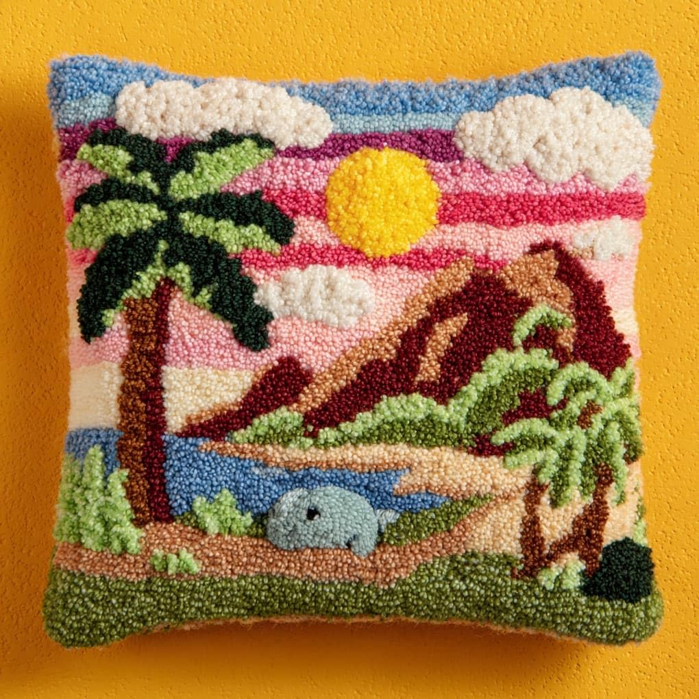Henypt Latch Hook Craft Cushion Kit 43x43cm,Hippopotamus and Tropical Rainforest Pillow Cover Needlework for Bedroom Lounge,Easy to Make Starter Set for All Ages