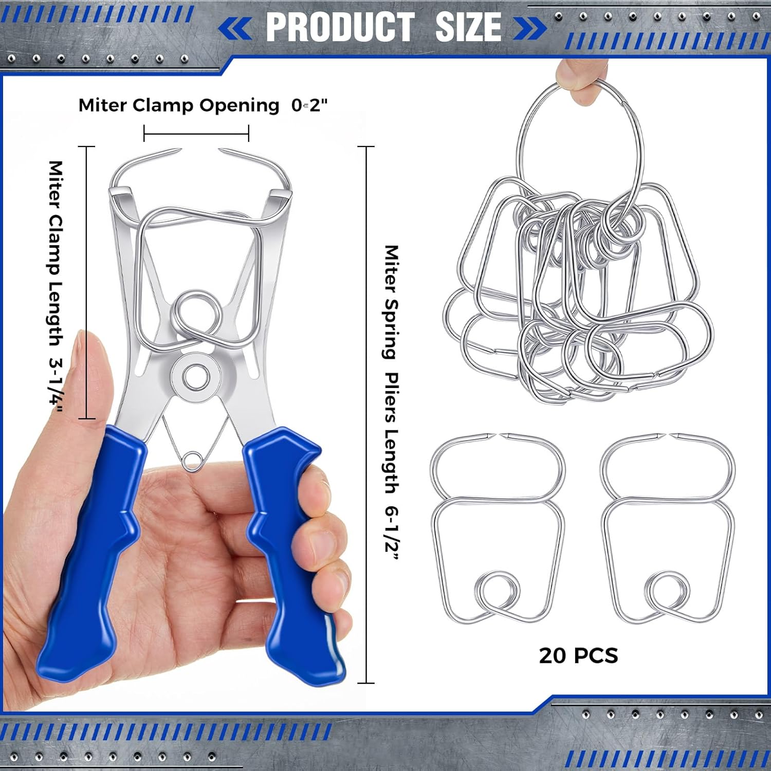 Lasnten 22 Pcs Miter Spring Clamps Kit 1 Spring Loaded Pliers with 20 Miter Clamps for Woodworking, Wood Trim, Picture Frames Making, Moldings with 1 Storage Ring