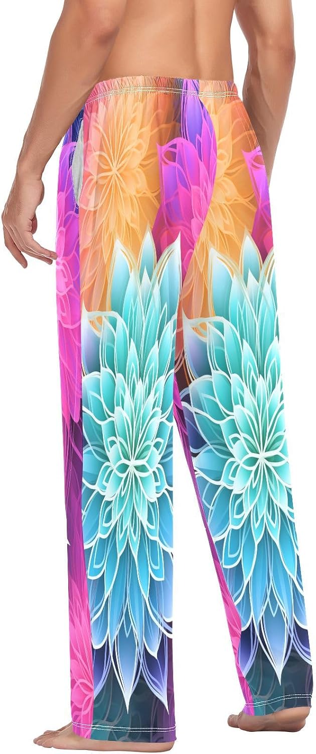 ALAZA Transparent Mandala Flowers Rainbow Men's Pajama Pants Men Cotton Pajama Bottoms with Pockets, S