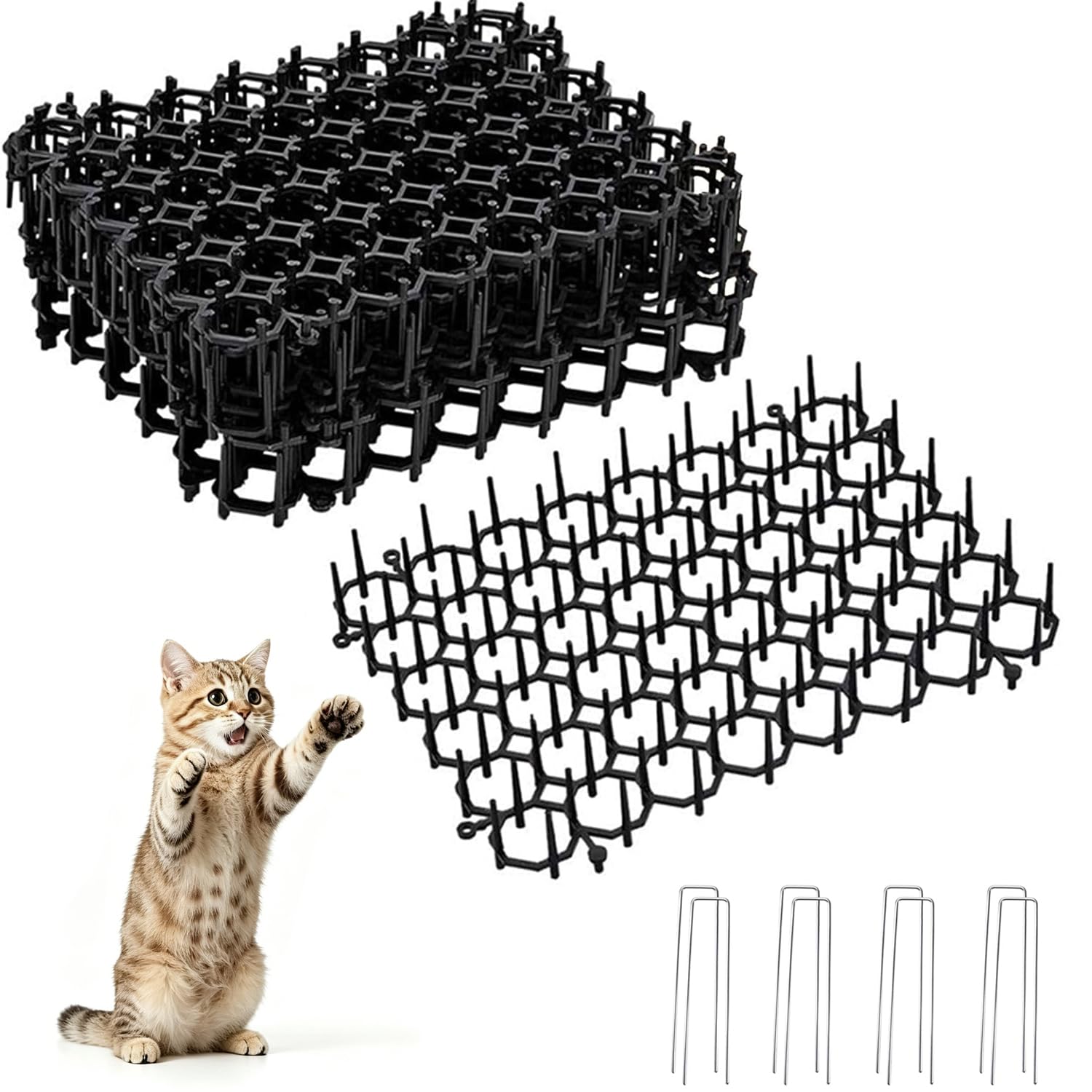 12 Pack Cat Deterrent Spike Mats, 20x15cm Plastic Anti-Cat Digging Prickle Strips with 8 U-Shaped Fixing Stakes, Repellent Scat Mat for Garden Beds, Potted Plants, Window Sill