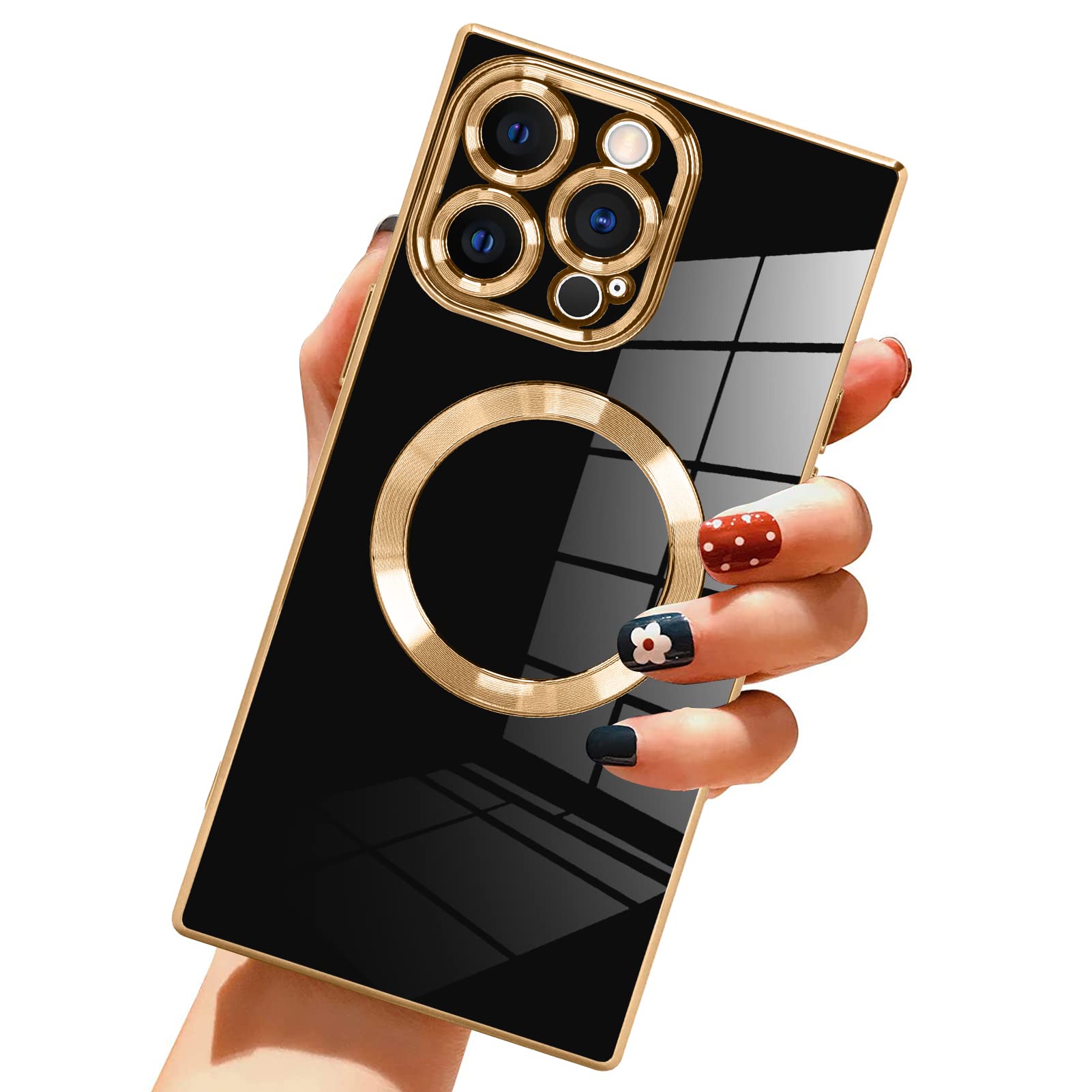 LSL Magnetic Case for iPhone 15 Pro Max [Compatible with MagSafe] Soft TPU Bumper Anti-Drop Anti-Scratch Shock Absorption Slim Cover Luxury Plating Full Camera Lens Protective Square Case - Black