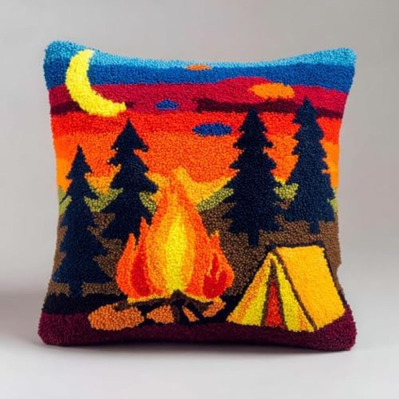 kitphoenix DIY Latch Hook Cushion Kit for Adults,Campfire Backlighting,Handmade Cushion Cover Craft Set,Creative Gift for Women with Yarn and Hook,43x43 cm
