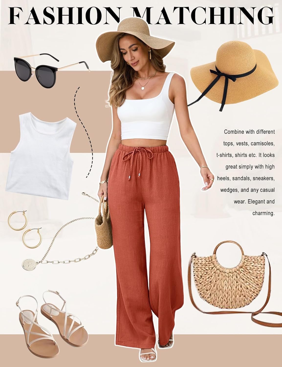 Womens Linen Pants High Waisted Wide Leg Trousers Summer Palazzo Casual Pant Flowy Drawstring Beach Pants - Image 6