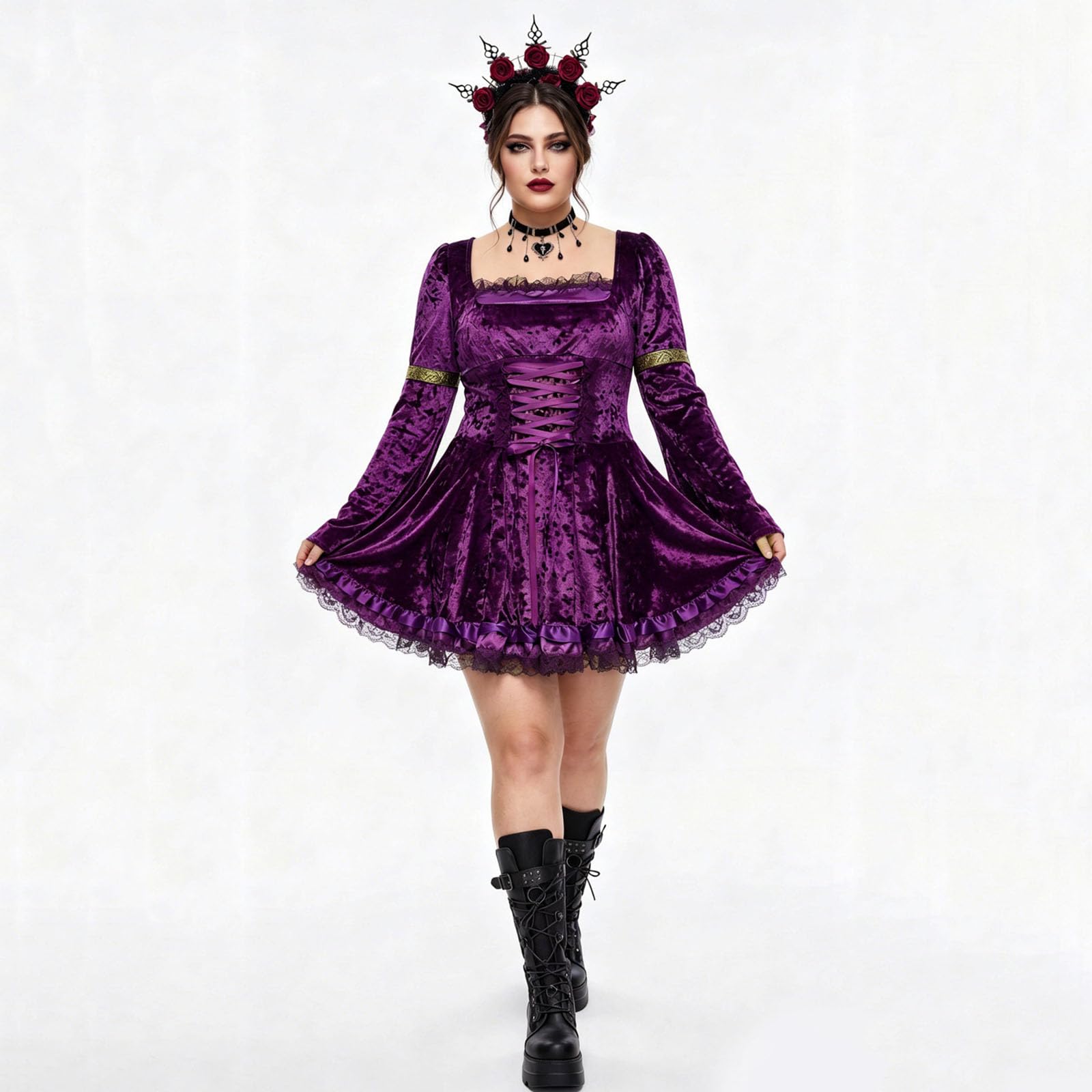 Vestido Halloween Mujer Gótico Manga Larga Escote Cuadrado Vestido Disfraz Renacentista de Terciopelo con Campana Cinta Ajustable en Cintura Falda Corta con Volantes para Fiestas de Halloween Cosplay
