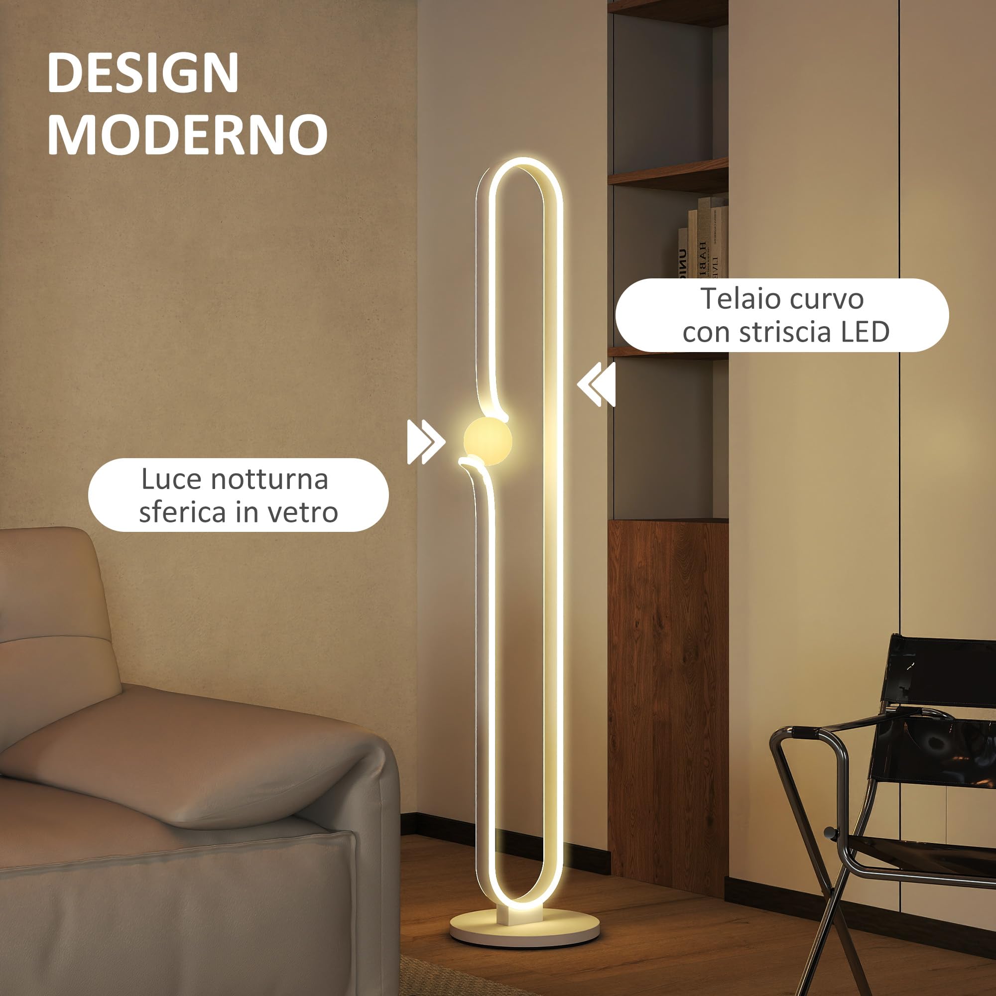 HOMCOM Lampada da Terra a LED forma Nota Musicale con Luminosità Regolabile e Interruttore a Pedale, Lampada da Pavimento in Metallo, Plastica, Vetro, 28x28x145 cm, Bianco