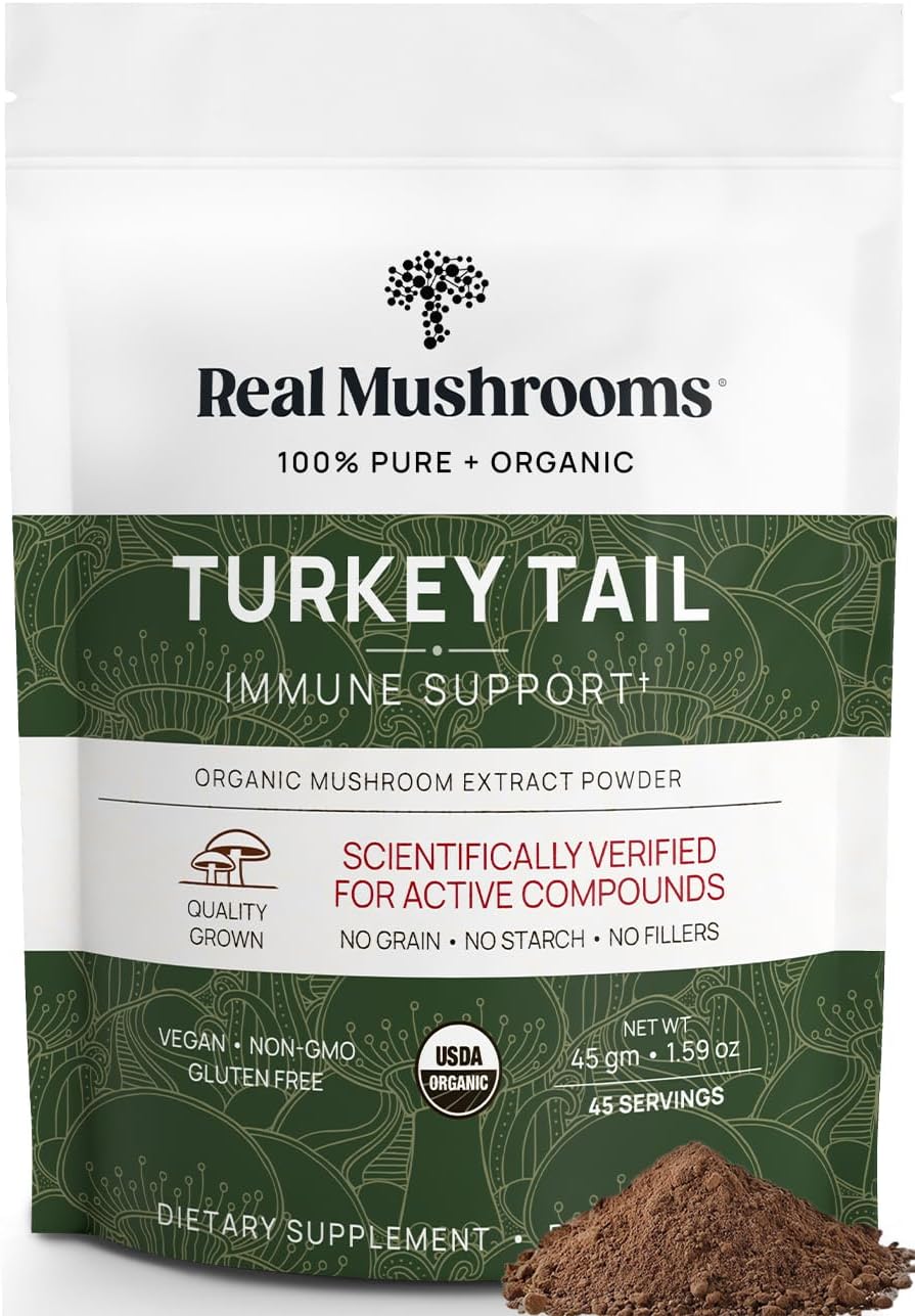Real Mushrooms Turkey Tail Powder - Organic Supplement with Potent Extract for Gut, Energy, Brain, & Immune Support - Vegan, Non-GMO, 45 Servings