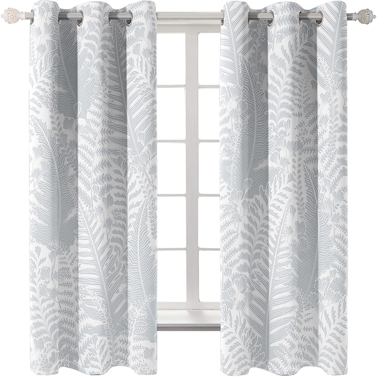 2 Pièces Rideaux Occultants Cuisine Enfant,2 x 132W x 229H CM,Rideau avec Oeillets Motif de Feuilles Rideaux Gris Clair Moderne Chambre