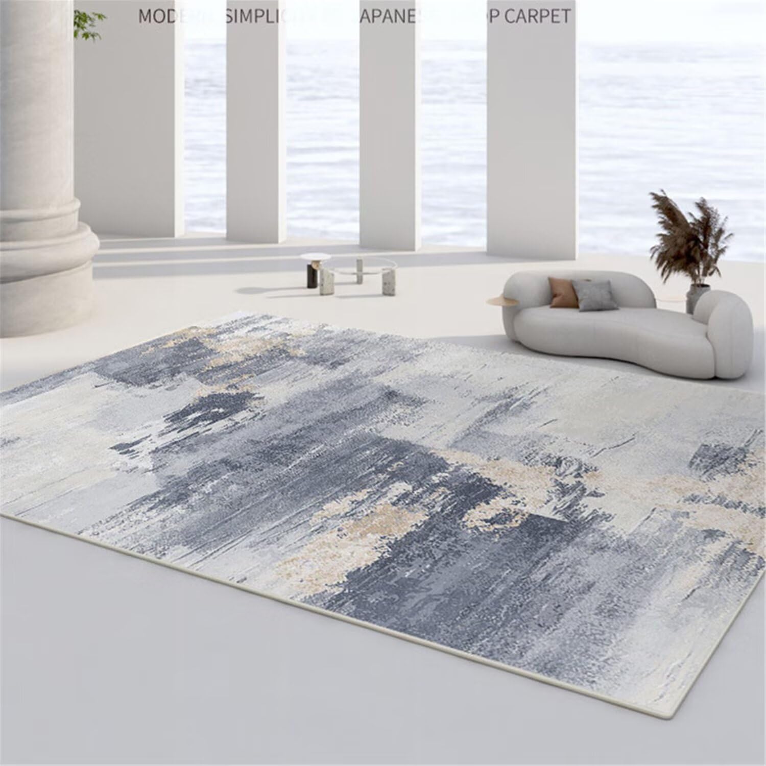 Tapis salon gris bleu au design de chambre moderne et finitions soignées