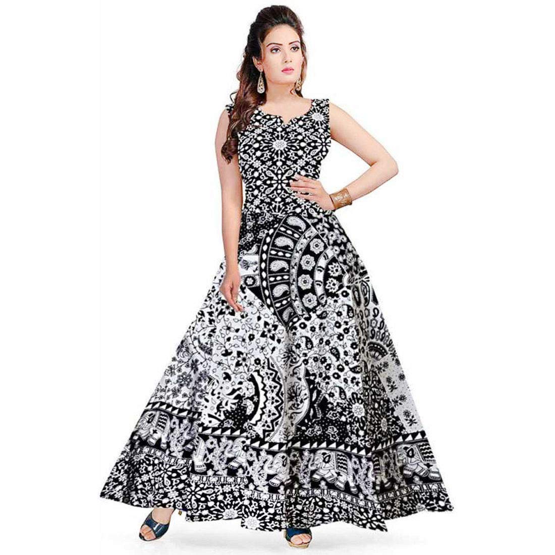 Disha Industries Cotton Women's Maxi Long gown Jaipur Printed (Free Size Upto 44-XXL), Multicolor Disha-FR-552