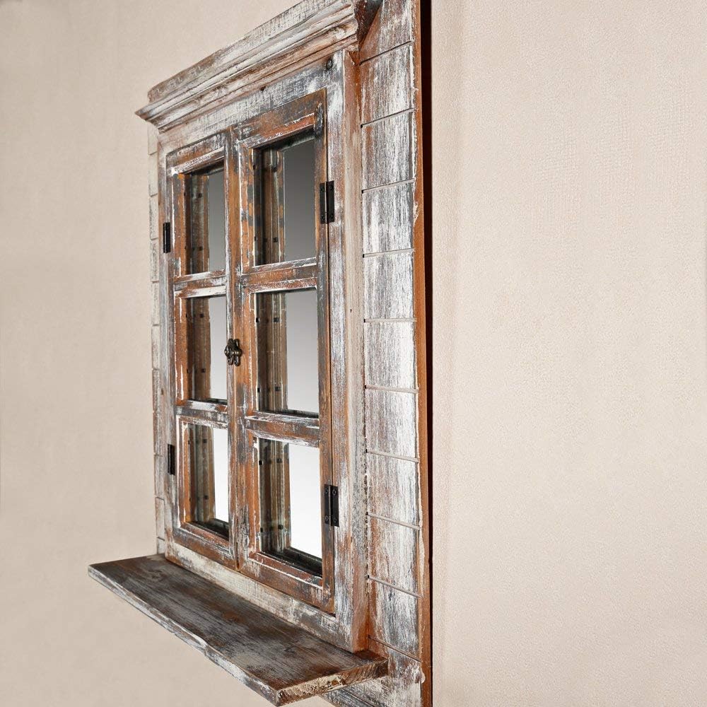 Melko Miroir mural, avec volets, 64 x 54 cm, fenêtre miroir shabby chic, avec étagère, portes de fenêtre, utilisable comme cadre photo, 13 x 13 cm