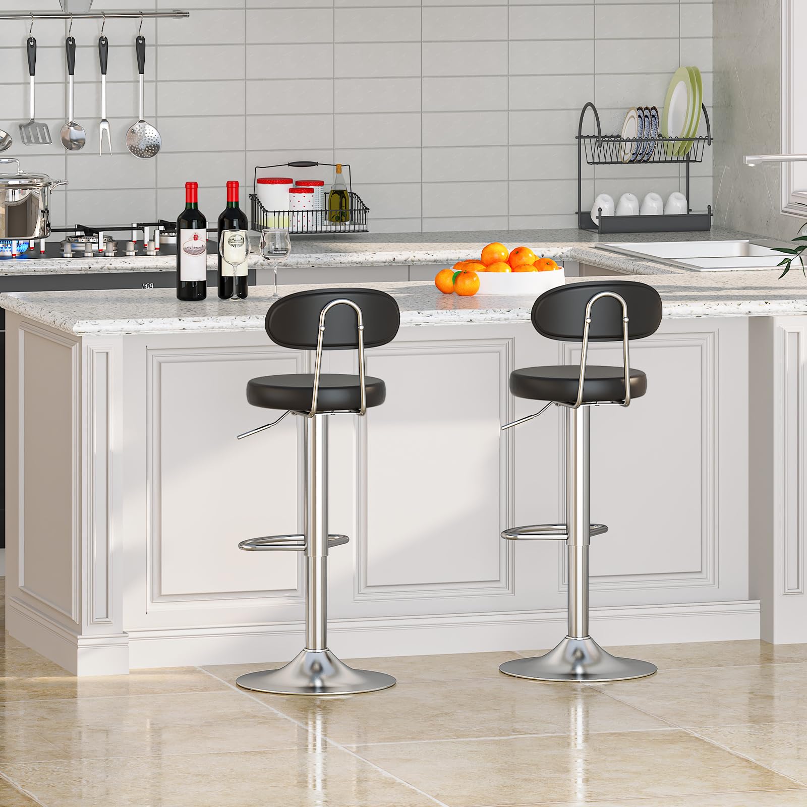 HOOBRO Sgabelli da bar, set di 2 sedie da bar in PU, altezza regolabile, sedili da cucina girevoli a 360°, con schienale e poggiapiedi, seduta imbottita in schiuma, nero ESB33BYP201