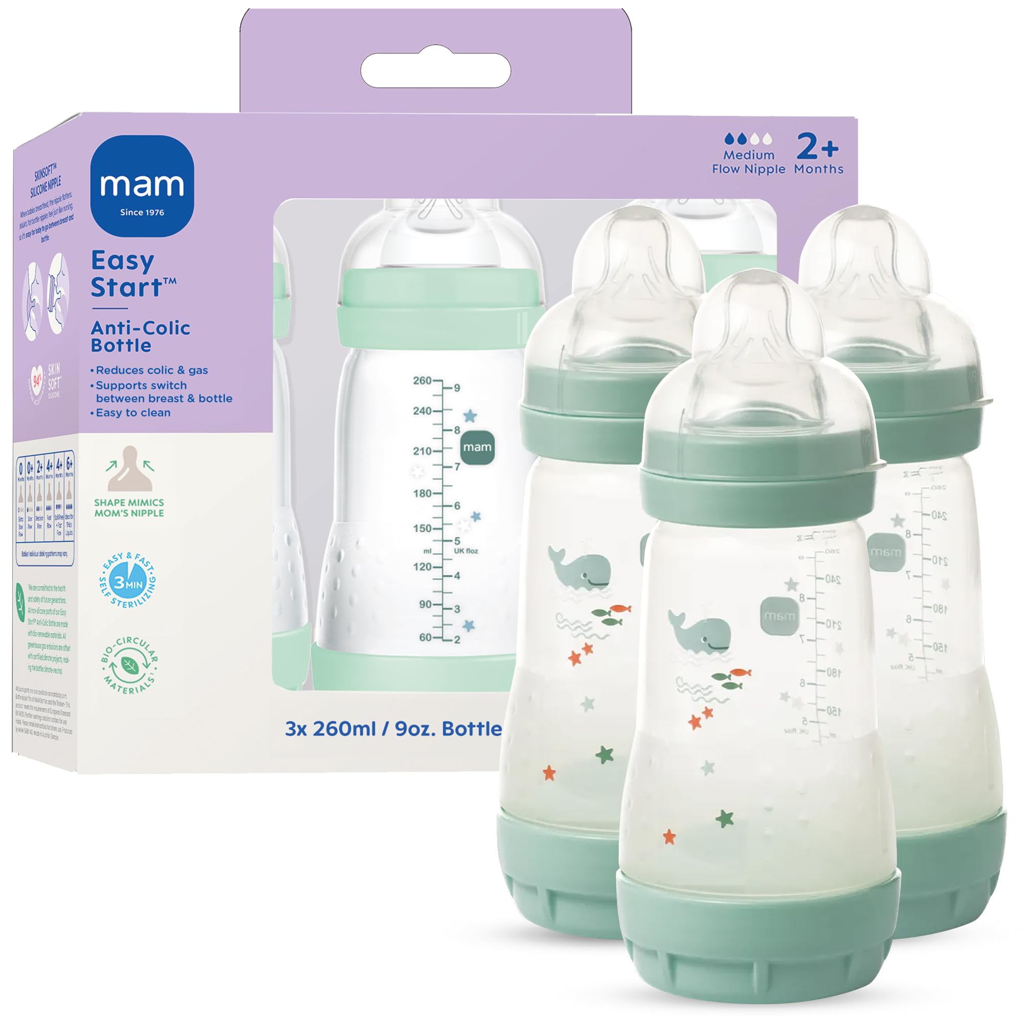 MAM Easy Start Anti-Kolik-Babyflaschen, mittlerer Durchfluss, stillähnlicher Silikon-Nippel, reduziert Koliken, Gas und Reflux, leicht zu reinigen, BPA-frei, Babyflaschen für Neugeborene, 2+ Monate