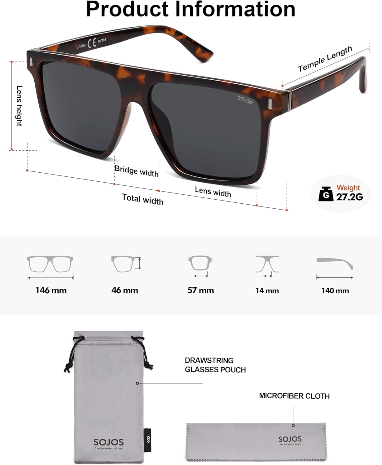 SOJOS Sunglasses for Women & Men Square Wide Thick Frame Shades Retro Trendy Fashion UV Protection SJ2373 - Image 6