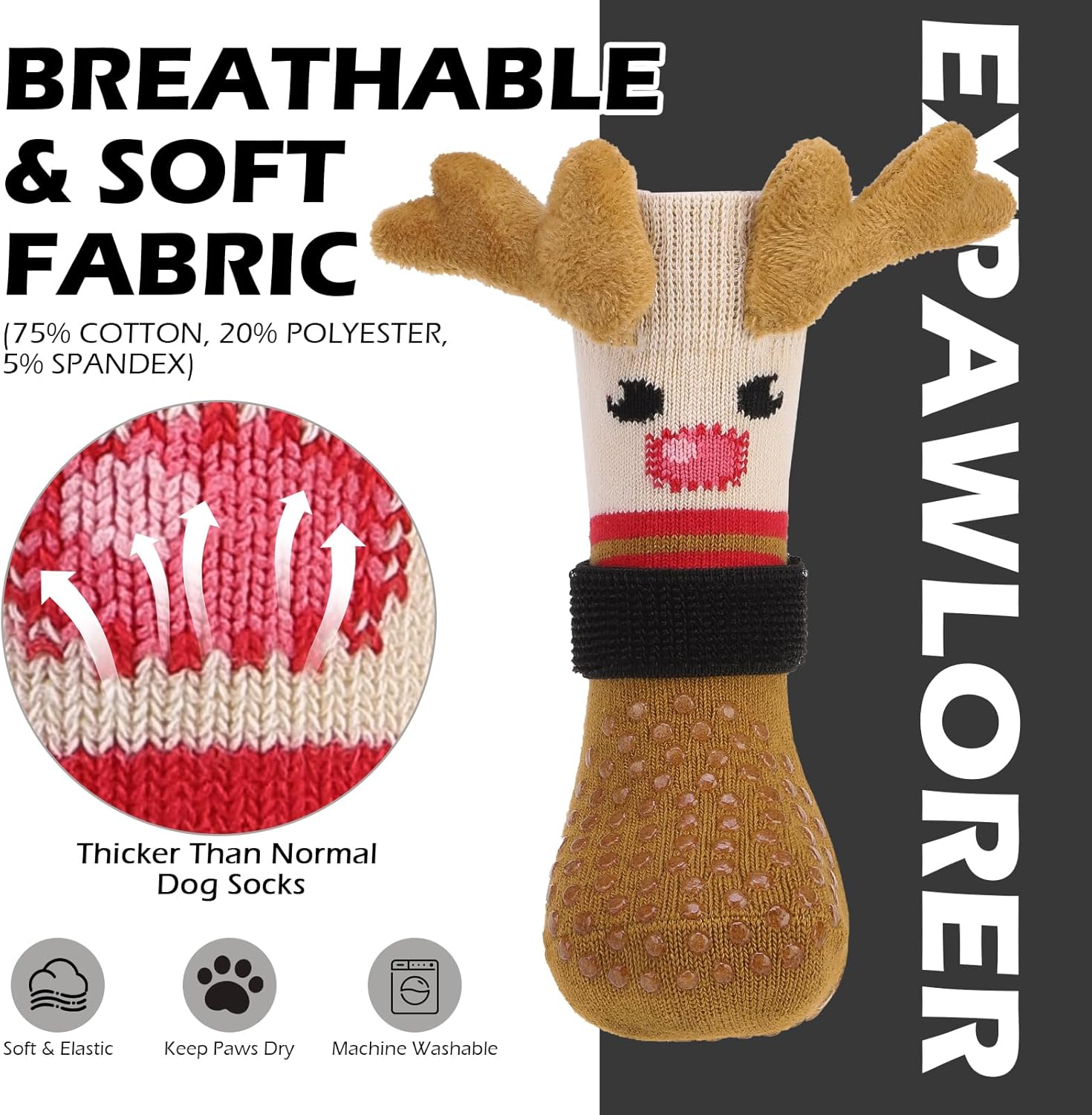 EXPAWLORER Christmas Anti Slip Dog Socks to Prevent Licking Paws, Boots & Paw Protectors with Grippers,Doggie Booties for Hardwood Floors for Large Senior Dogs Lifelike Costume Reindeer large