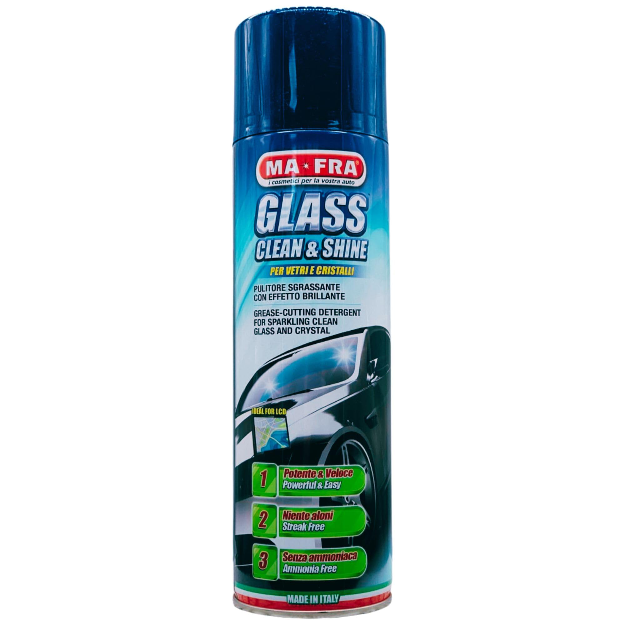 Pulitore Sgrassante Spray Glass CLEAN & SHINE Per Vetri e Cristalli Auto, Con Effetto Brillante. Potente e Veloce, Niente Aloni, Senza Ammoniaca 500ml (4 Spray)
