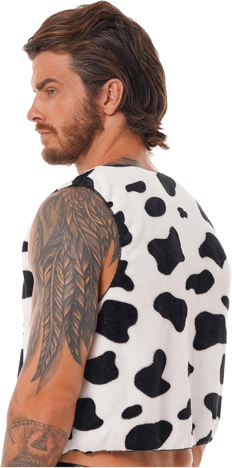 Men Cow Print Vest Sleeveless Open Front Waistcoat Top Cowboy Cardigan Festival Halloween Costumes