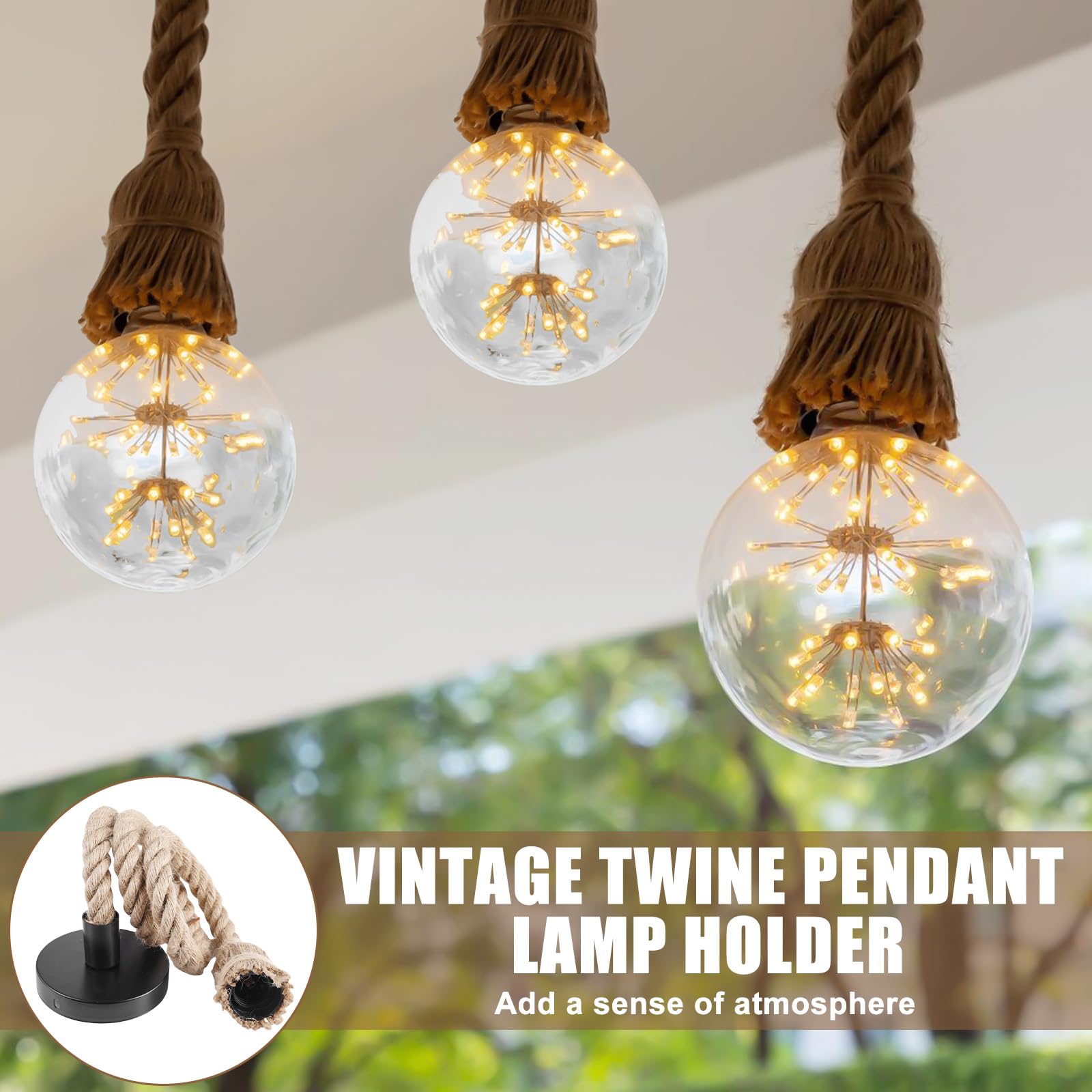 4 pezzi Portalampada E27 con cavo, Lampada a sospensione in stile retrò con corda di canapa e cavo da 100 cm, Kit di lampada a sospensione in corda di canapa per cucina, caffè, bar, magazzino