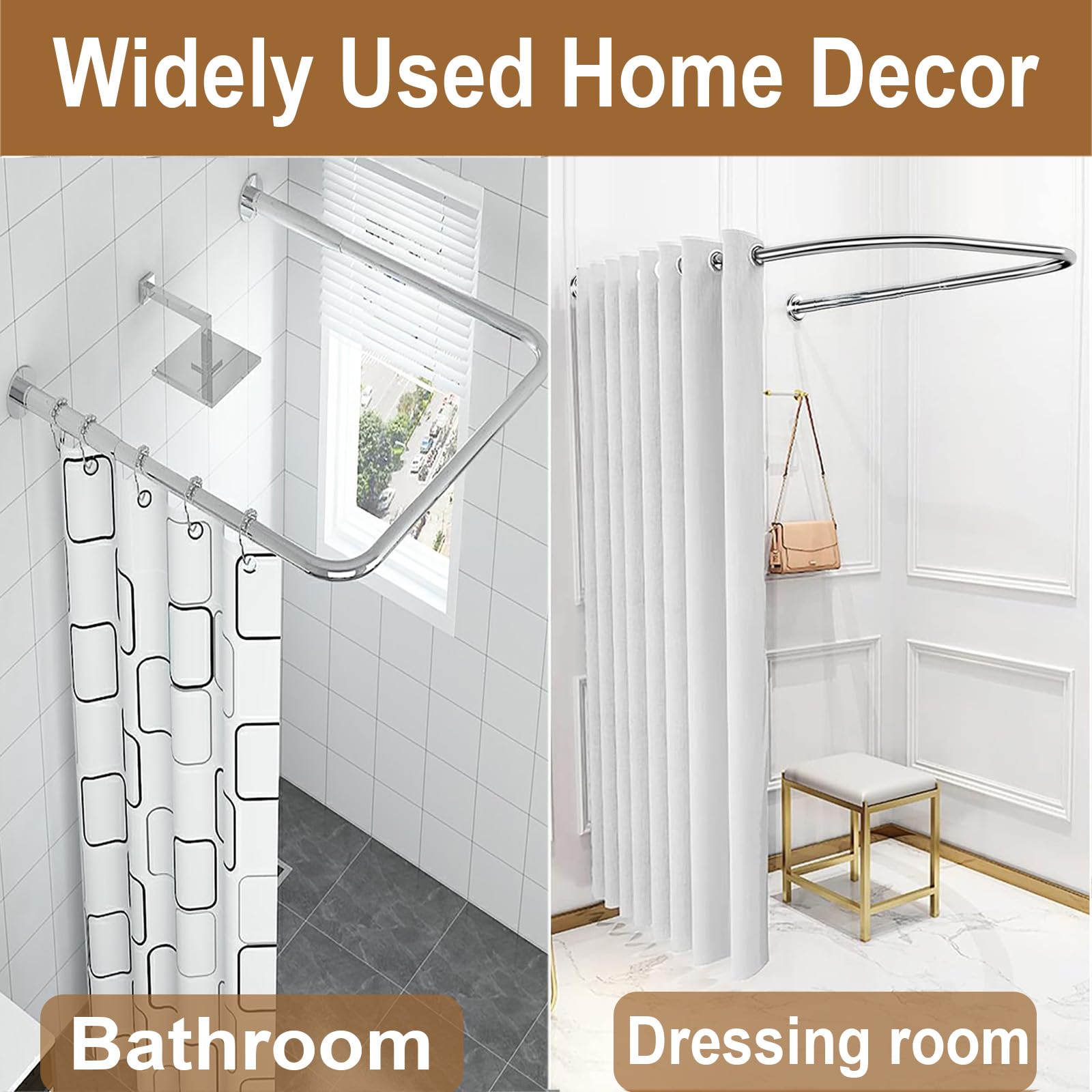 Asta Tenda Doccia Per Vasca Da Bagno Senza Forare, Bastone Per Tenda Da Doccia A U Regolabile In Acciaio Inox, Bastone Doccia Angolare, Per Bagno Camerin(Size:A 70-95cm * 90cm * 70-95cm,Color:Argento)