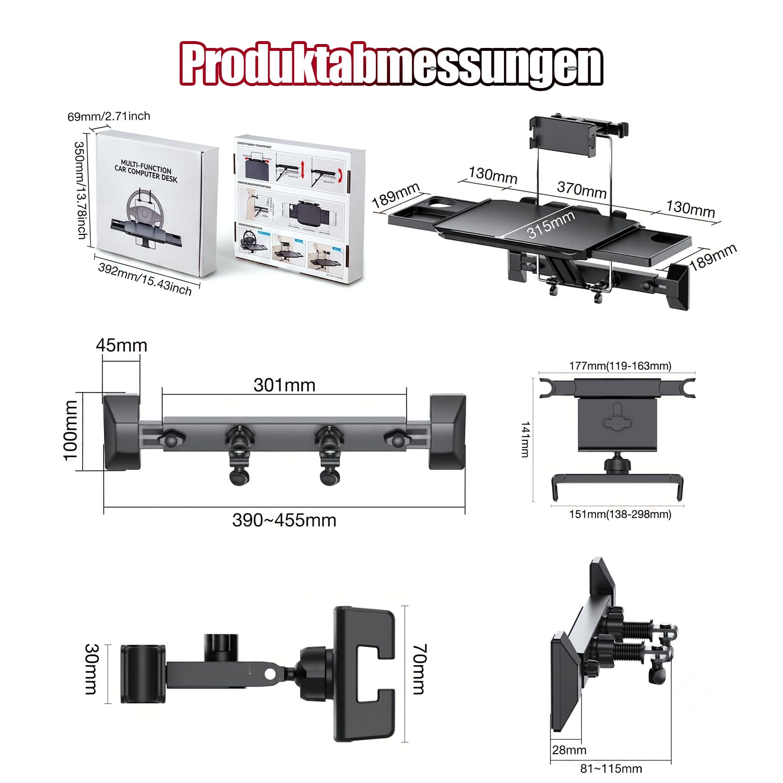 Tavolo pieghevole per auto, allungabile, per l'uso sui sedili anteriori e posteriori, design ergonomico, con portabicchieri nascosti e supporto per cellulare, per lavoro e relax