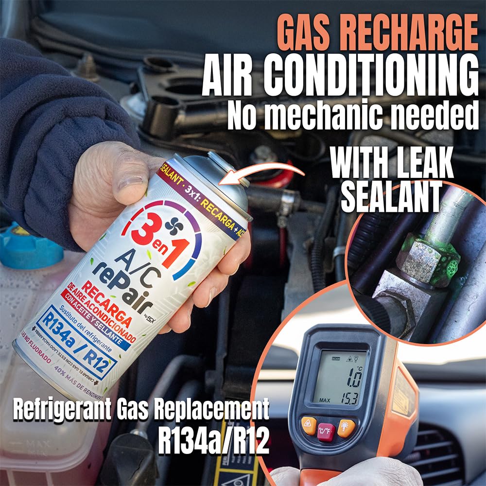 AC REPAIR 3 w 1 ładowanie klimatyzacji samochodowej z olejem i uszczelnieniem z korkiem wycieku manometru LP, ładowanie klimatu 220 g, zamiennik gazu czynnika chłodniczego R134a i R12, łatwy w użyciu