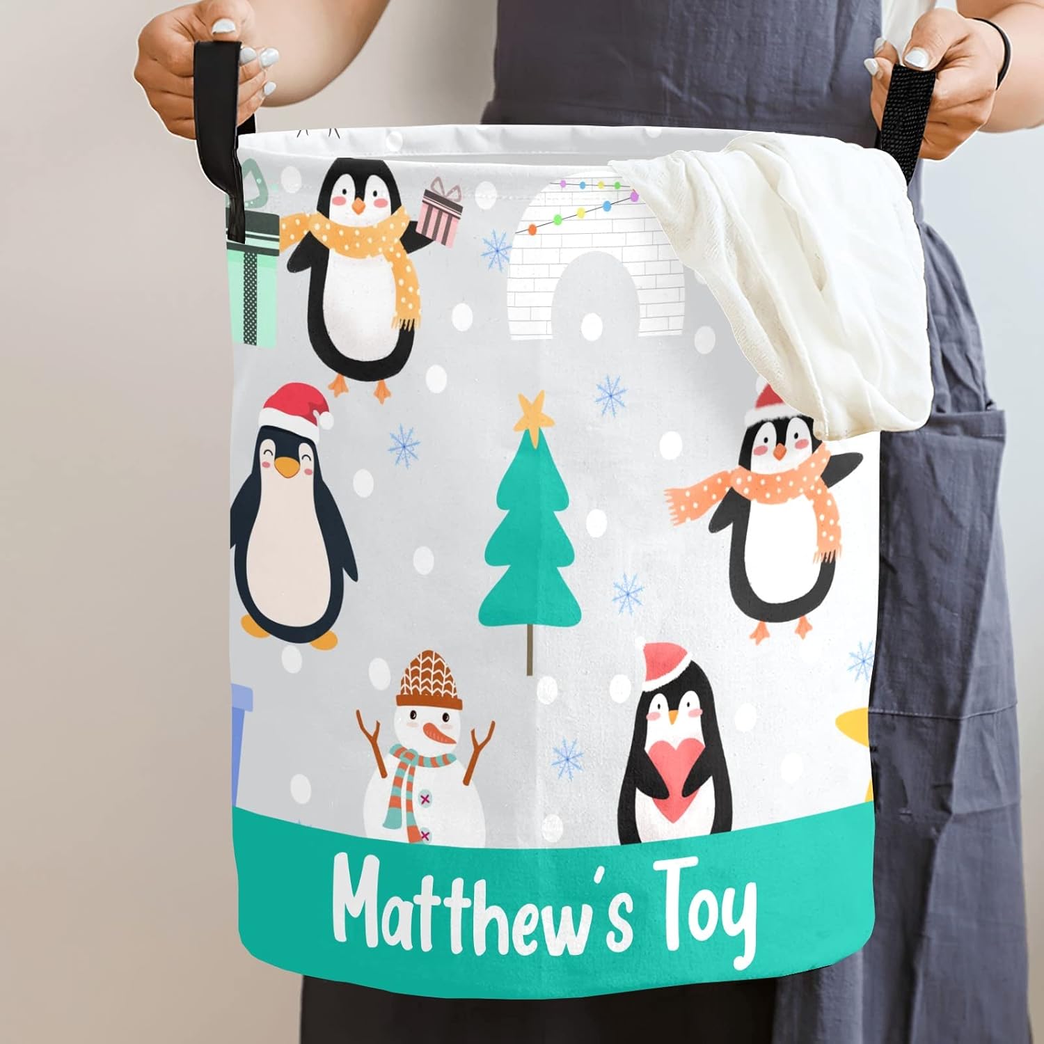 Christmas Penguin Personalized Laundry Basket Clothes Hamper with Handles Waterproof,Collapsible Laundry Storage Baskets for Bathroom,Bedroom Decorative 19.7"Hx14.2"D