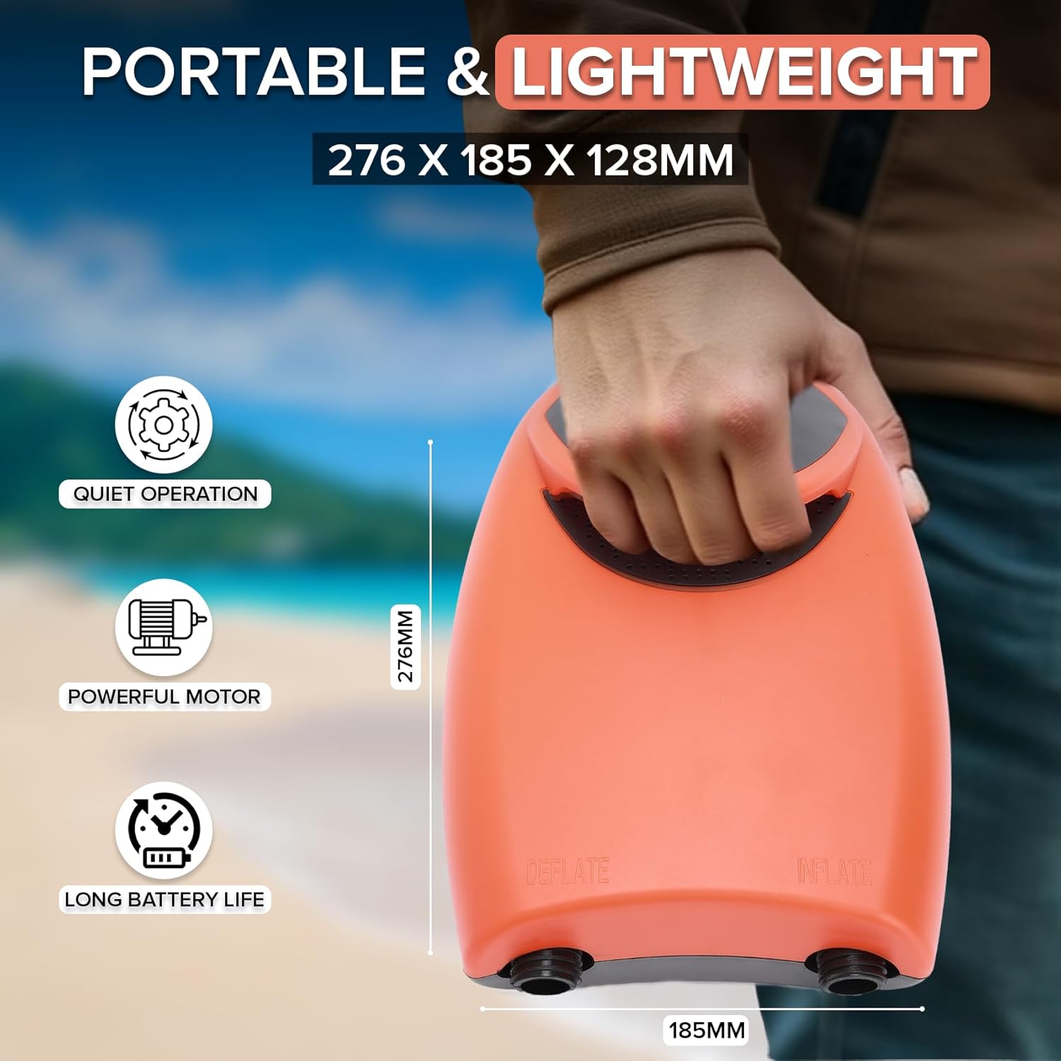 Tonsim Rechargeable Paddle Board Electric Pump, 20 PSI SUP Pump with 4 Preset Modes, Dual-Stage Inflation & Deflation, 12V DC Car Connector, Auto Shut-Off for Paddle Boards, Kayaks and Tents - Image 6