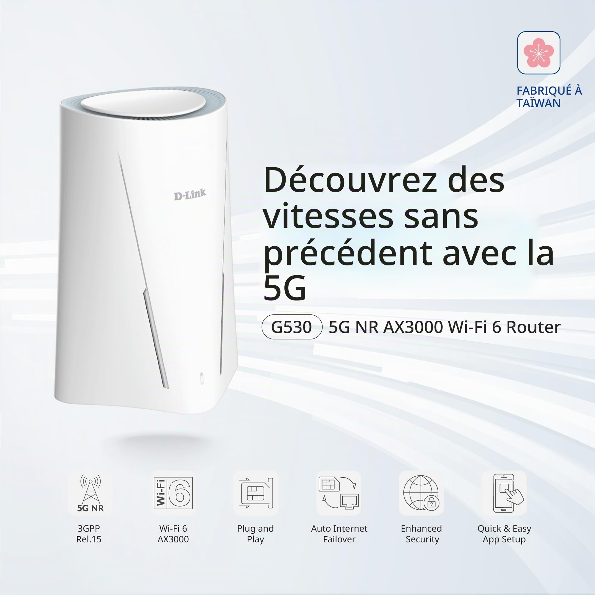 D-Link G530 Routeur Wi-FI 6 5G NR AX3000 avec Vitesses 5G allant Jusqu’à 3,4 Gbps, Wi-FI 6, Ports WAN et LAN Gigabit, basculement WAN, WPA3, VPN, VLAN, déverrouillé pour Tous Les réseaux/opérateurs.