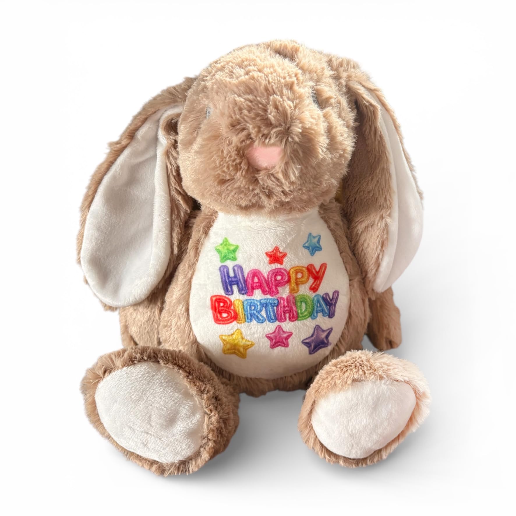 Silly Dog Designs - Birthday Bunny Plush - Personalised or Standard Soft Toy - “Happy Birthday” Teddy Gift for Kids - Custom Name Option - 4 Colours Blue Pink White Brown (Brown Bunny – Standard)