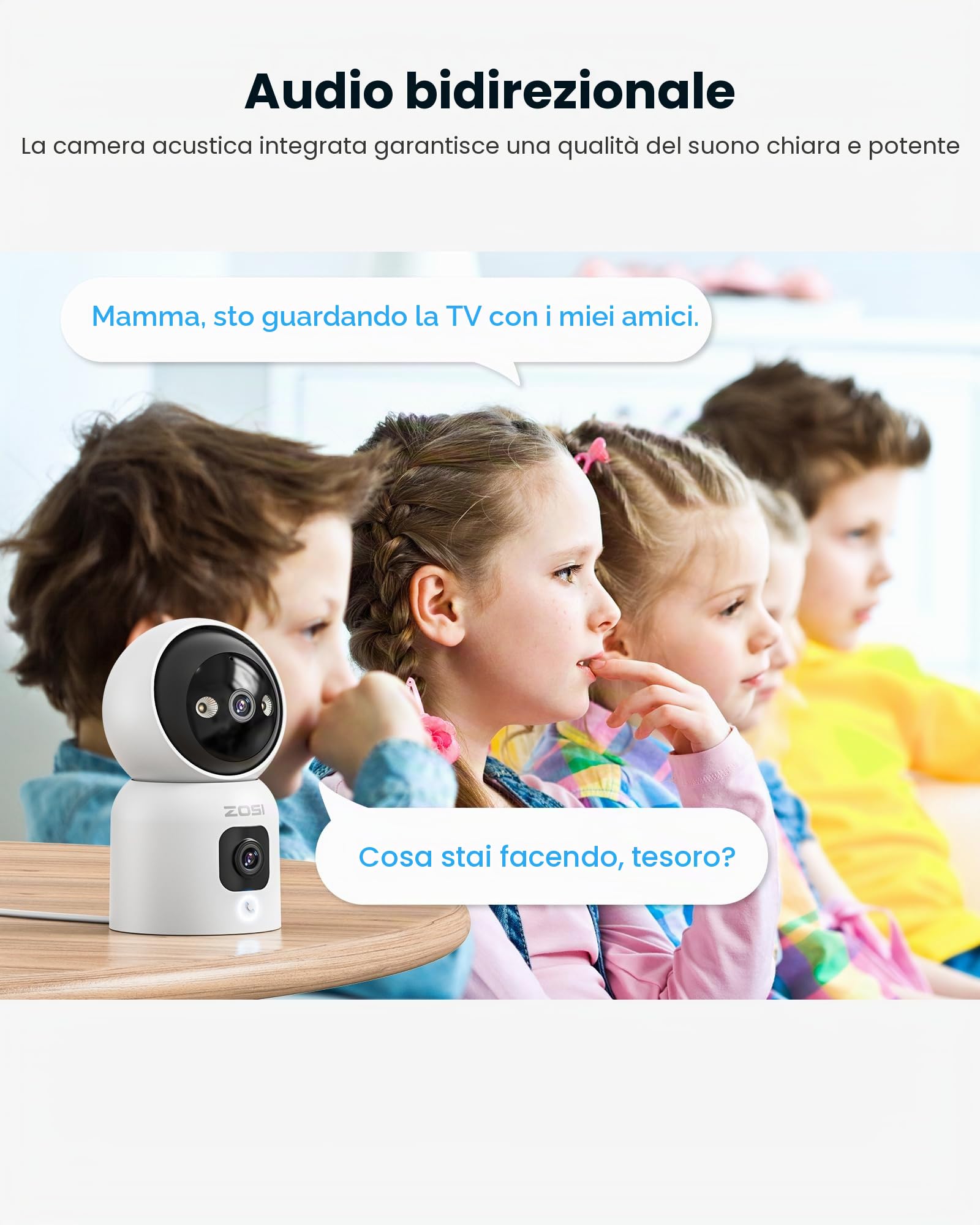 ZOSI Telecamera WiFi Interno con Doppia Lente 3MP+3MP, PTZ 360°Tracciamento Automatico, Rilevamento Umano e Audio Bidirezionale, Visione Notturna a Colori, WiFi 2.4G/5G, Funziona con Alexa, C528
