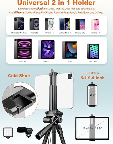 Miniatura 6 de JOILCAN Soporte de trípode para teléfono, trípode de 68 pulgadas para iPad, iPhone, tableta con soporte universal remoto, bolsa de transporte,