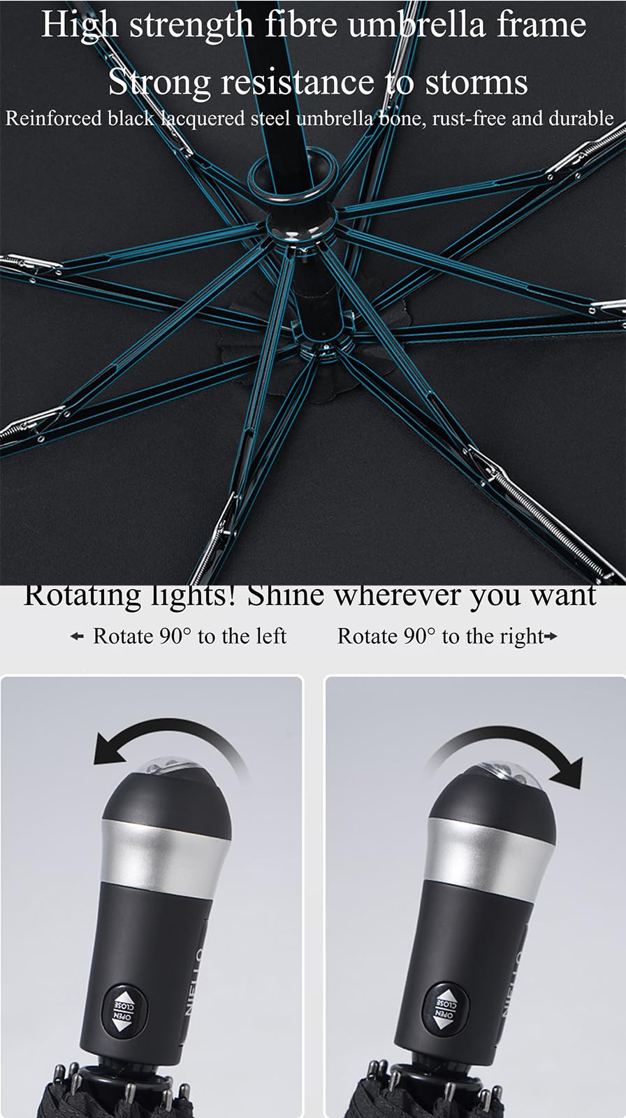 Parasolki, Kompaktowy parasol podróżny z 8 żebrami i obrotowym oświetleniem LED(Army green)