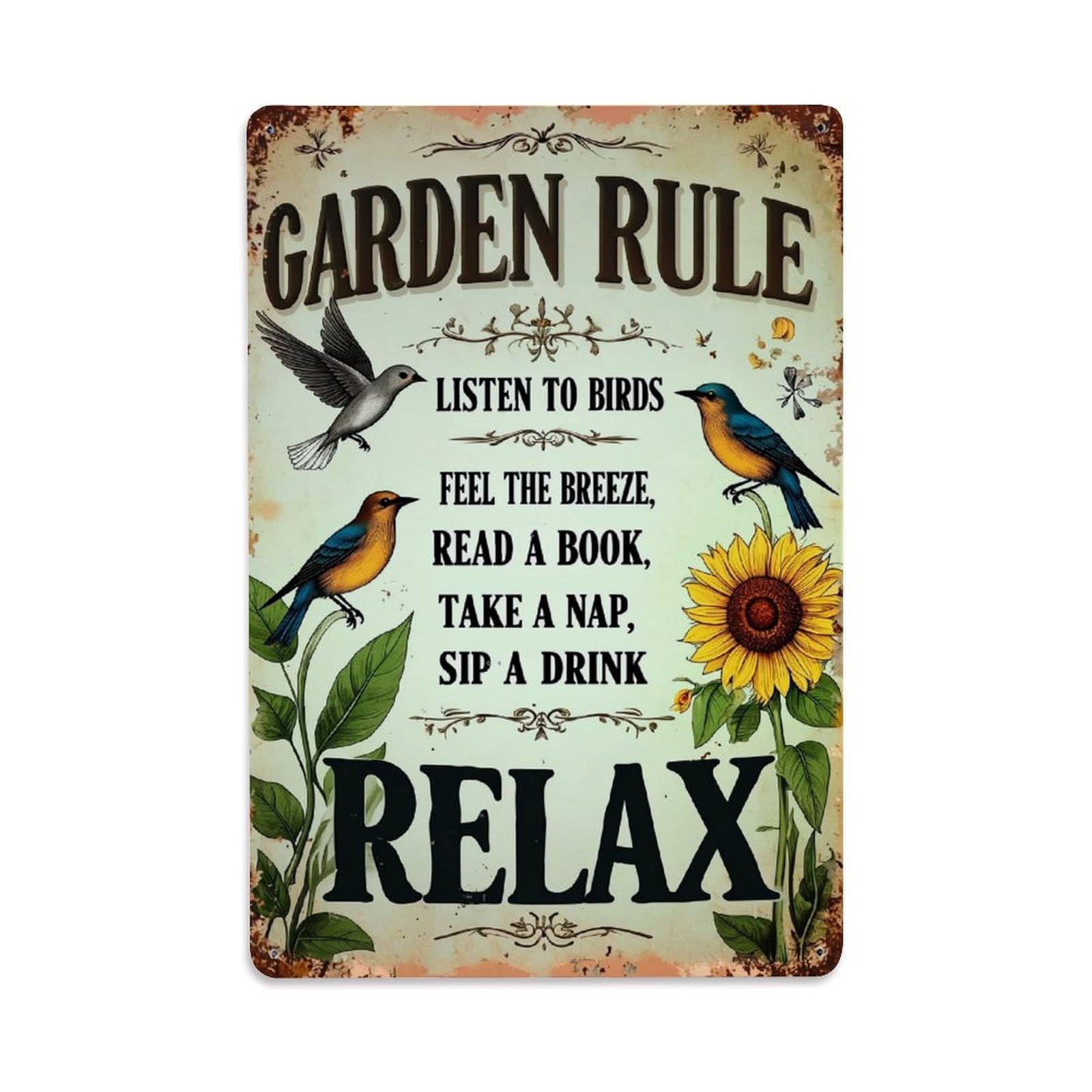 Jdfenggu Vintage Garden Rule Relax Sign Retro Metal Tin Sign, Metal Poster For Bar, Home, Man Cave, Kitchen, Laundry Room Art Decor 8X12 Inch