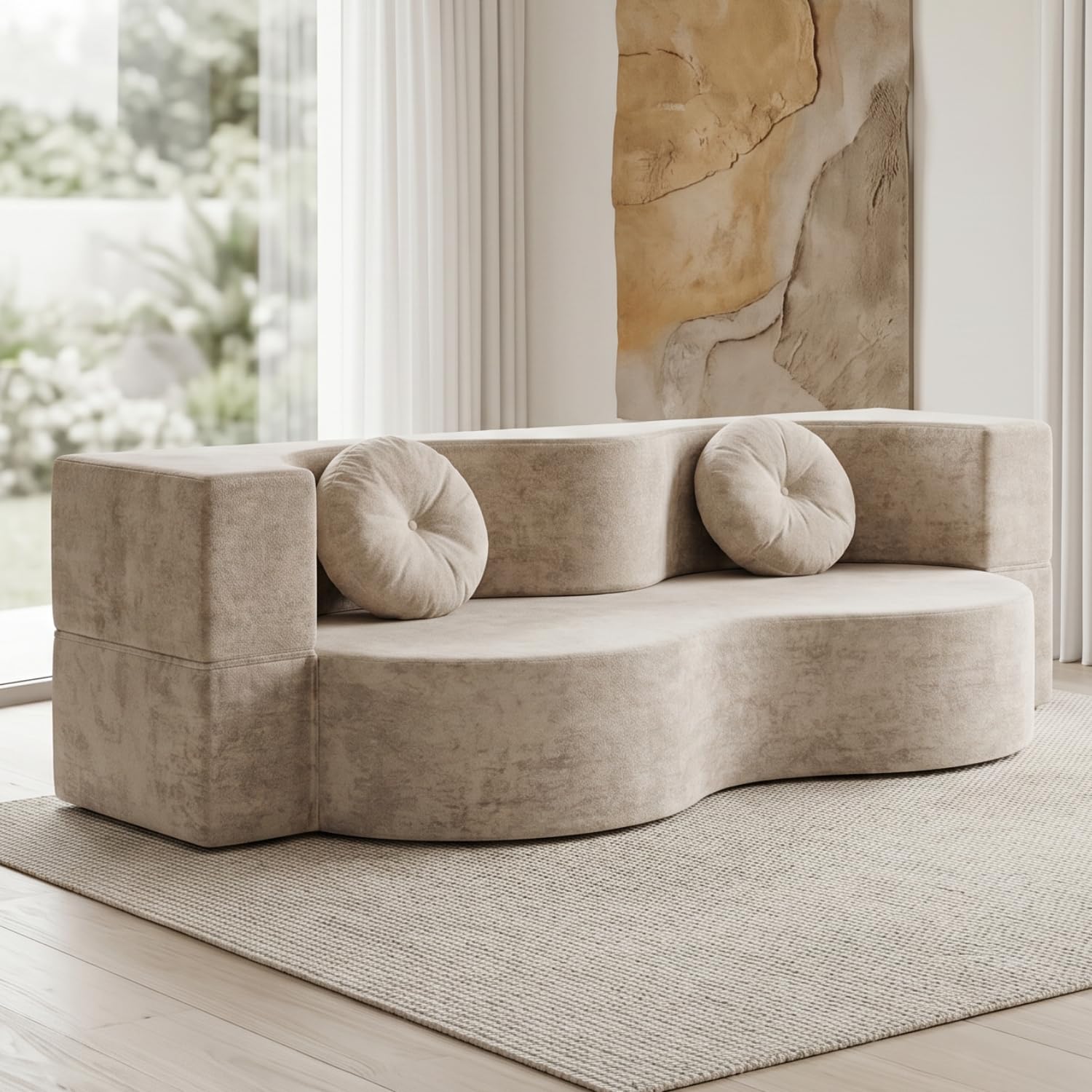 Armana Elise Divano 2/3 posti in tessuto beige, convertibile a letto, 200 cm, comodo, multifunzionale, moderno, consegnato compresso (Beige)