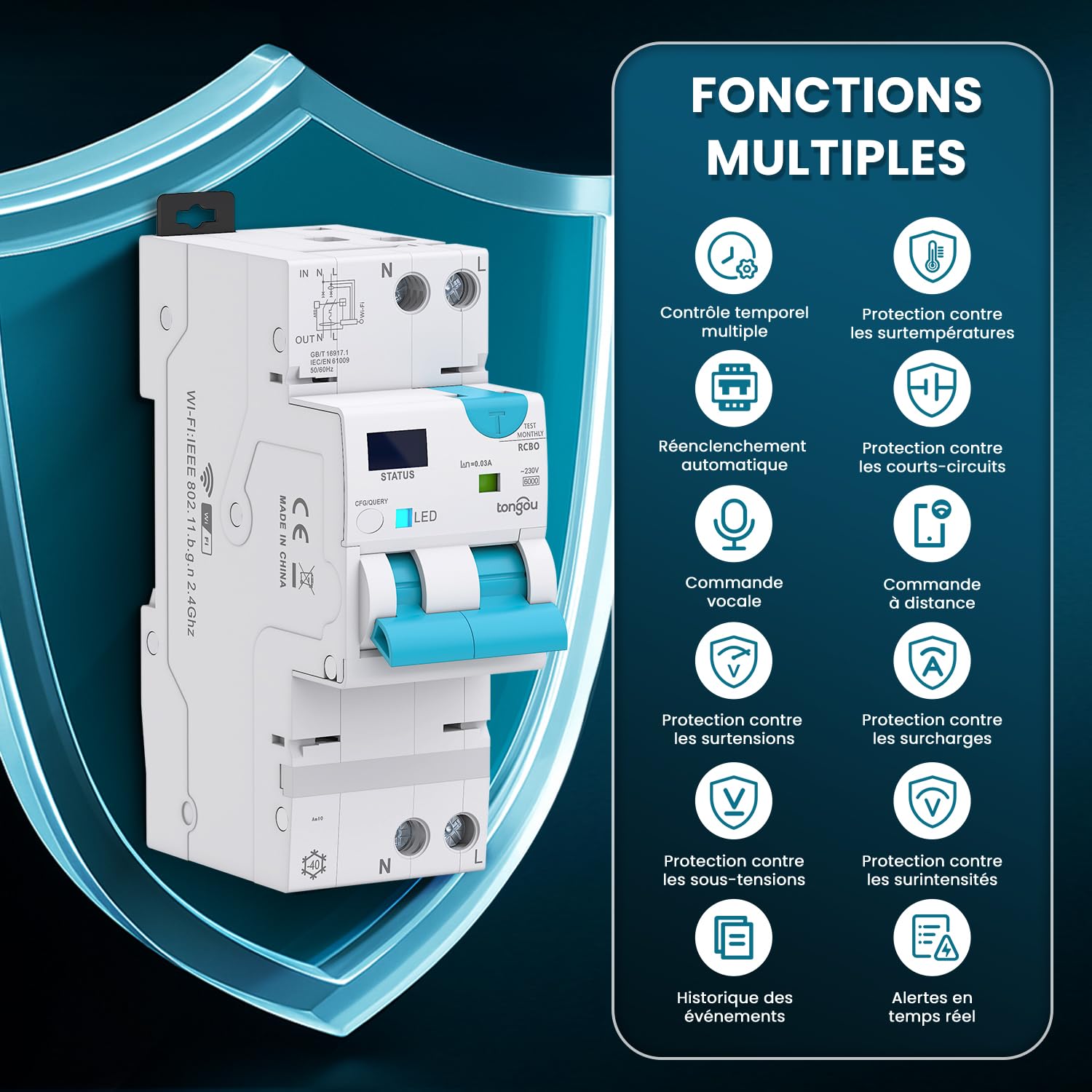 TONGOU RCBO Intelligent Interrupteur Différentiel 1P+N WIFI/TUYA App， Disjoncteur Fi Automatique Réarmable Type A 6kA, Protection contre les surintensités et fuites Rail din (1-40A / 30mA)