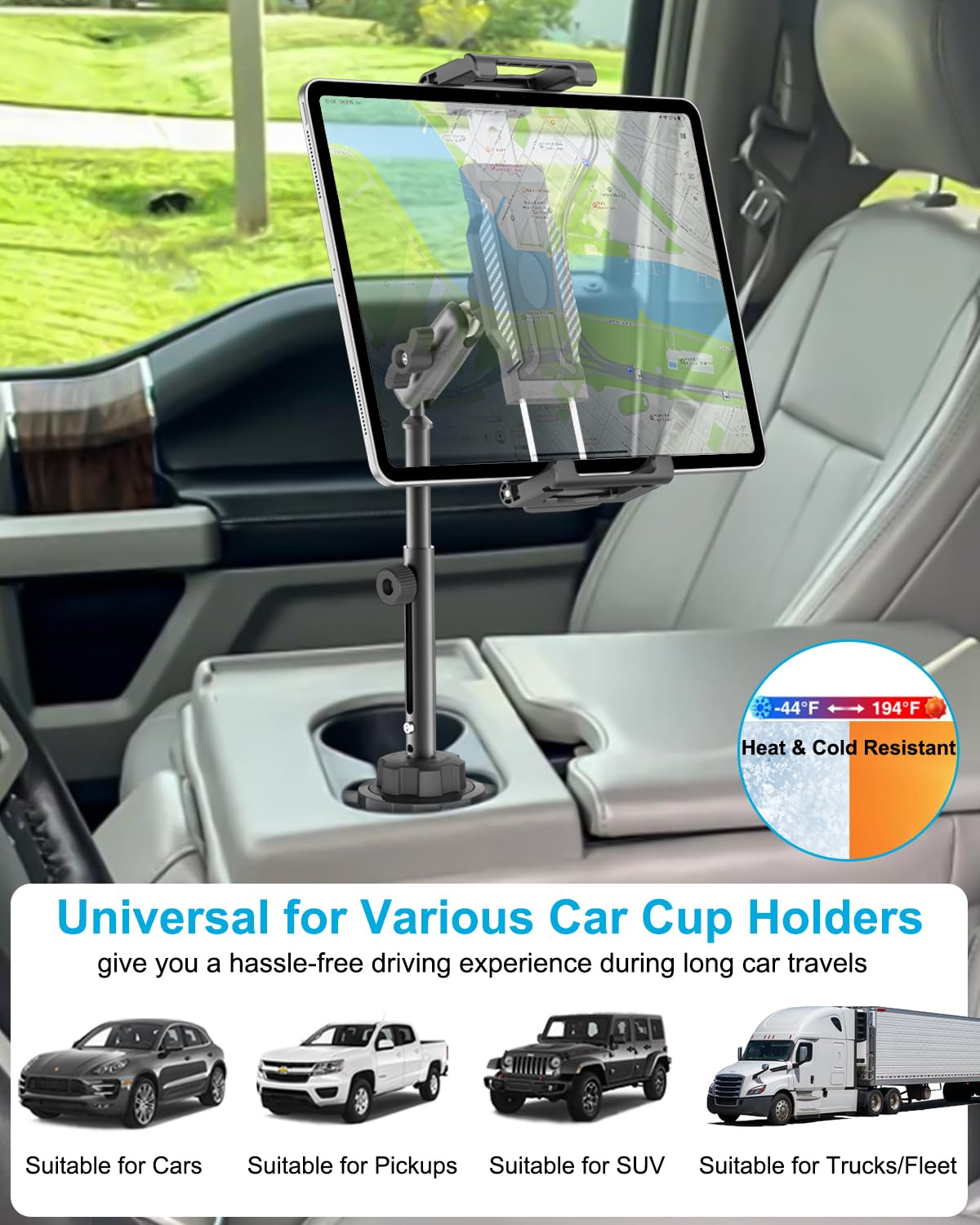 Portabicchieri da auto per tablet grande, fino a 15,6" e braccio regolabile in metallo a 360° | Heavy Duty Truck Cup Holder Tablet Stand per iPad Pro 13 12.9 Air Mini, Galaxy Tab, iPhone, 6.1-15.6 pollici Dispositivi