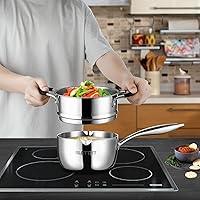 Vista 2 de Olla de salsa de acero inoxidable de tres capas con cuerpo completo con vaporera, olla de pasta pequeña multiusos de 1.5 cuartos con tapa de vidrio