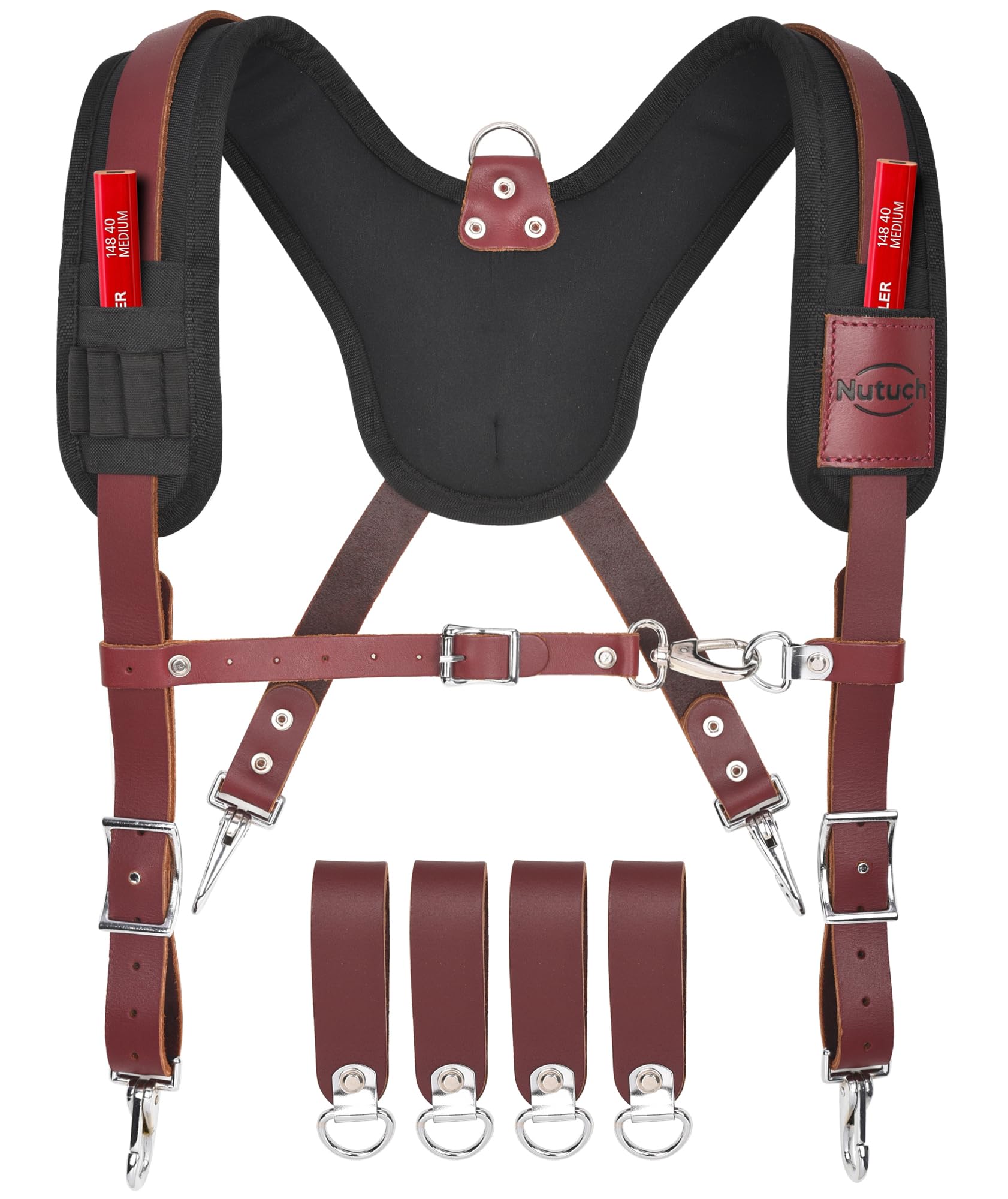 Heavy Duty Leather Work Suspender With Pockets | Fully-Adjustable Padded Leather Tool Belt Suspenders for Men | Construction | Framers | Handyman | Electrician