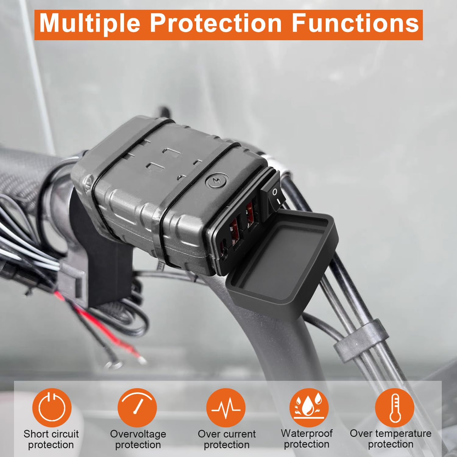 Caricabatterie Moto USB C Impermeabile con Interruttore e Luce LED, 3 Porte USB-A+Tipo-C, Fusibile 10A, per 12V/24V Barca, ATV, Bicicletta + Multi Cavo di Ricarica