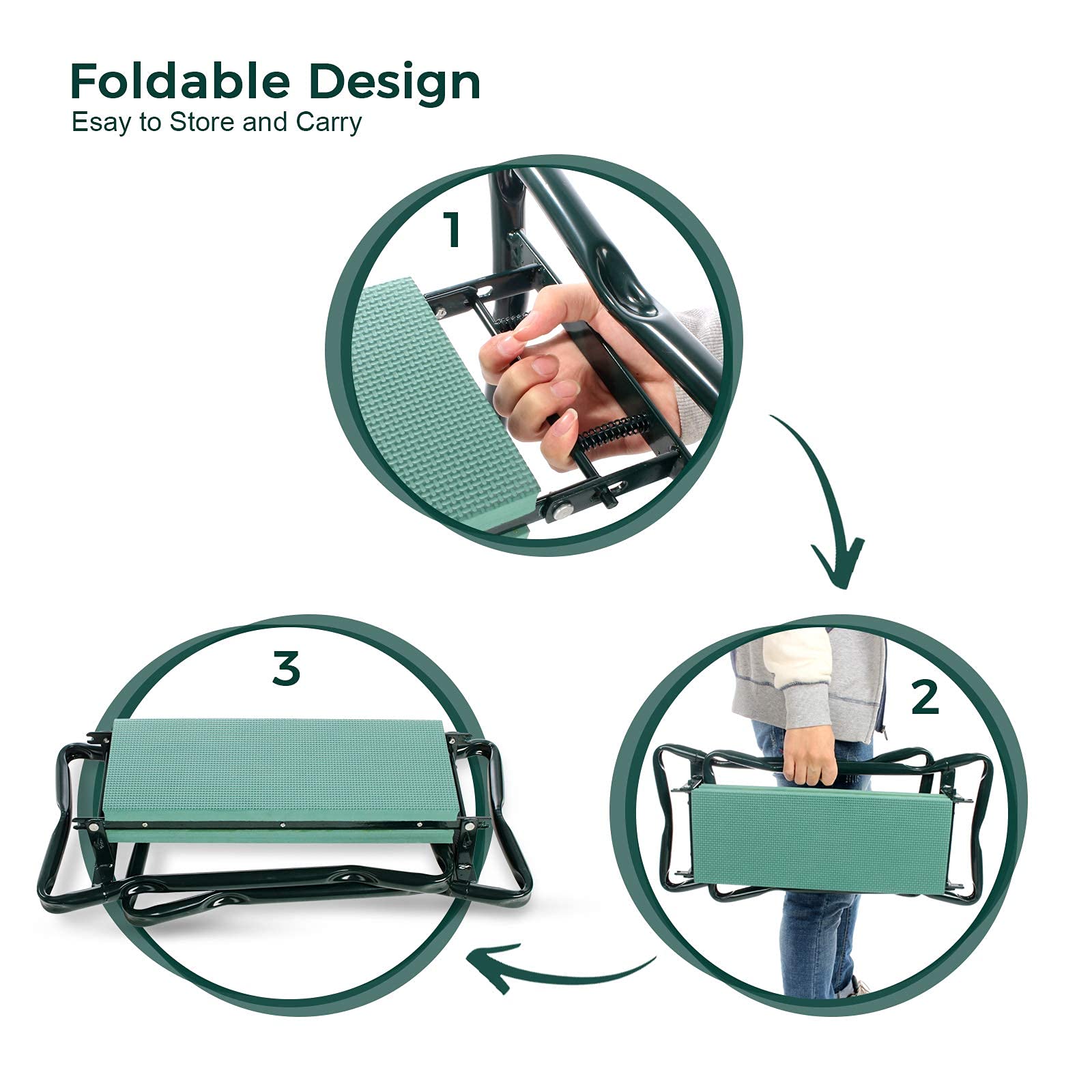 Todeco Banc Agenouilloir de Jardin, Repose Genoux avec Sac à Outils, Genouillère et siège de Jardin Pliable, Tapis de Pelouse et Coussinets Doux pour Genoux de Jardinage pour Personnes âgées