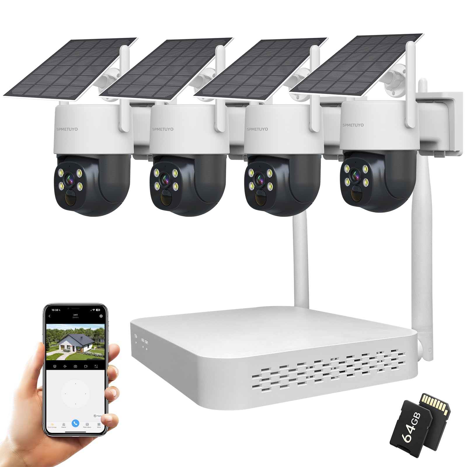 SPMETUYO Solar Security Camera Outdoor Wireless NVR Security Kit, 4PCS 360° WiFi Security Cameras System with Night Vision, 64GB microSD Card, Local